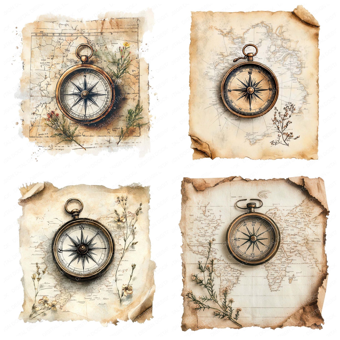 Close view of Compass on Old Map clipart highlighting illustration detail and cohesive colour tones