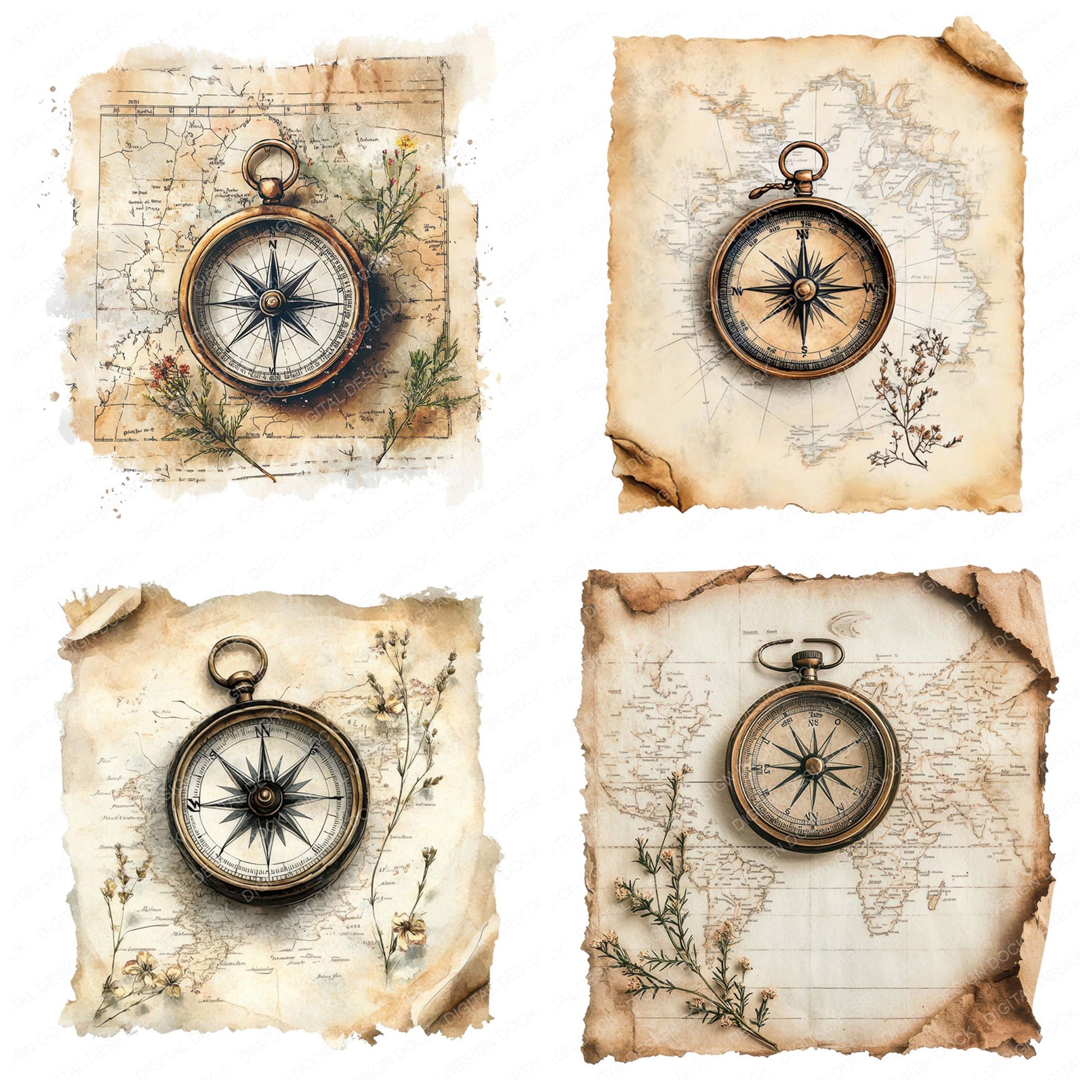 Close view of Compass on Old Map clipart highlighting illustration detail and cohesive colour tones