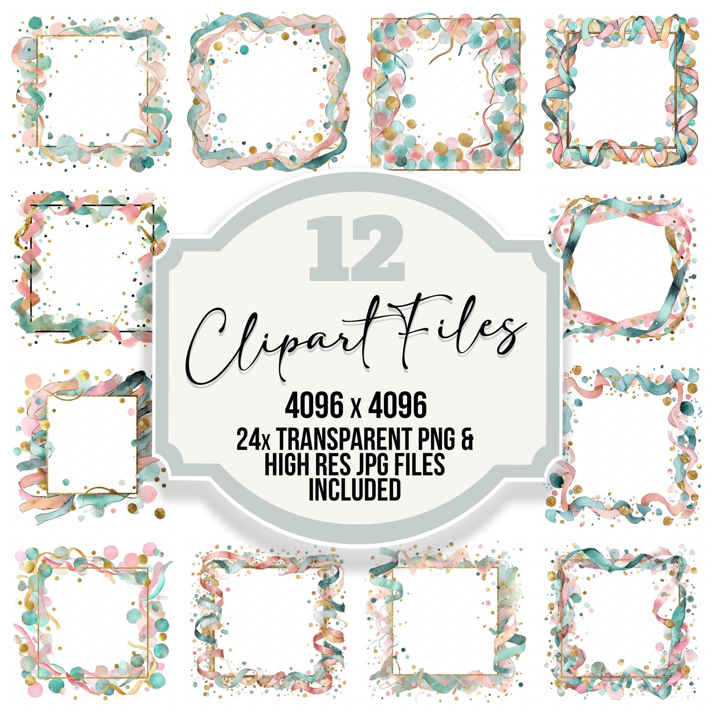 Confetti Ribbon Frame clipart set with transparent PNGs and high resolution JPGs for crafting and design projects