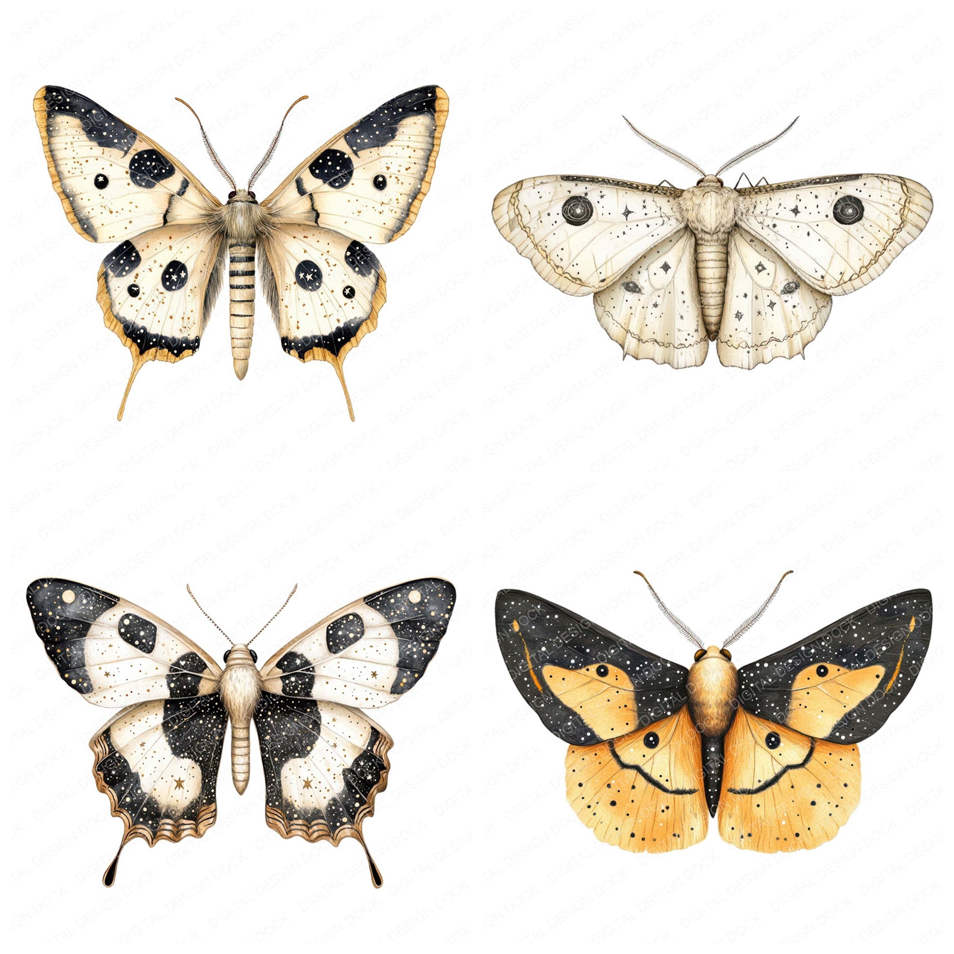 Preview layout showing Constellation Winged Moth clipart elements for scrapbooking, junk journals, and card making