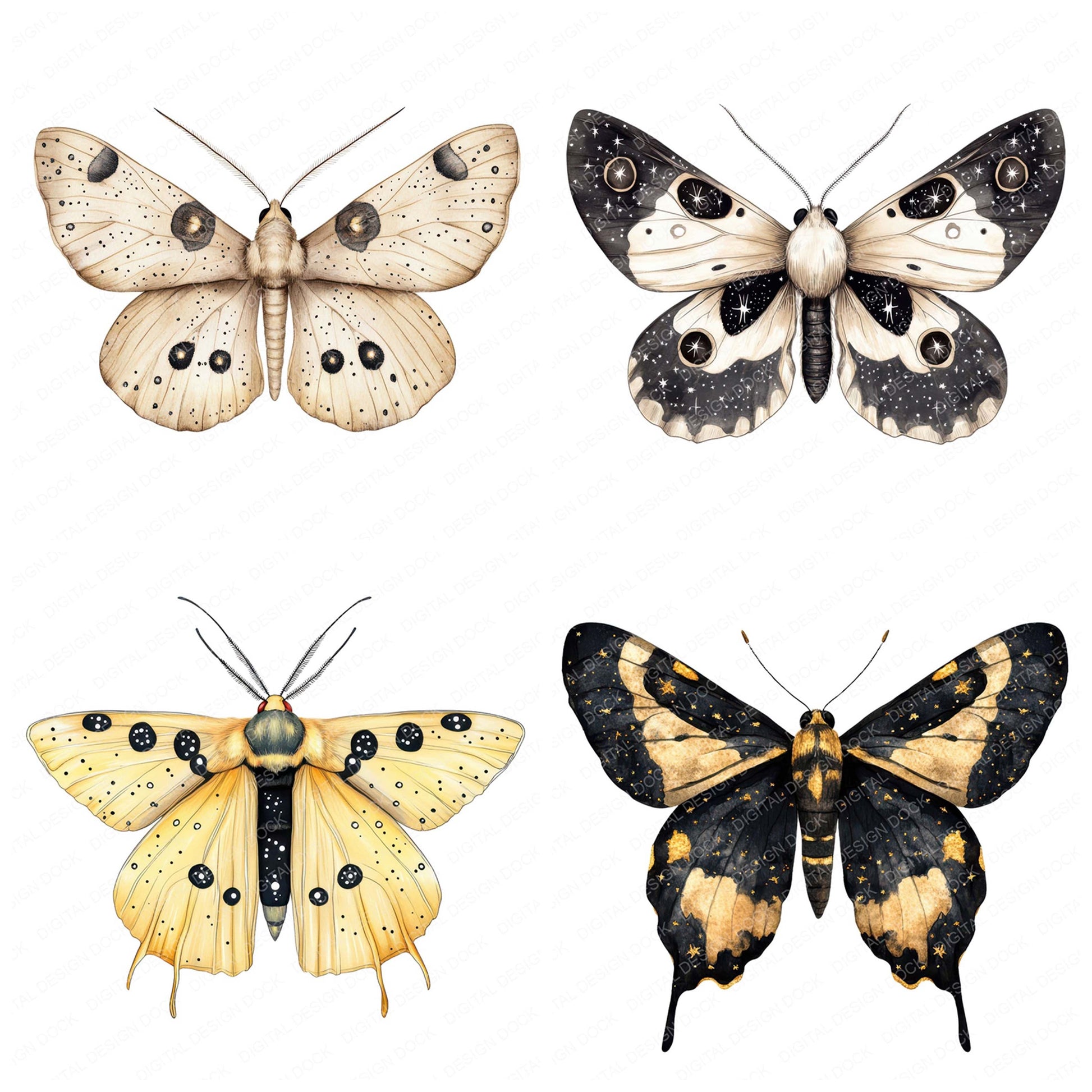 Close view of Constellation Winged Moth clipart highlighting illustration detail and cohesive colour tones