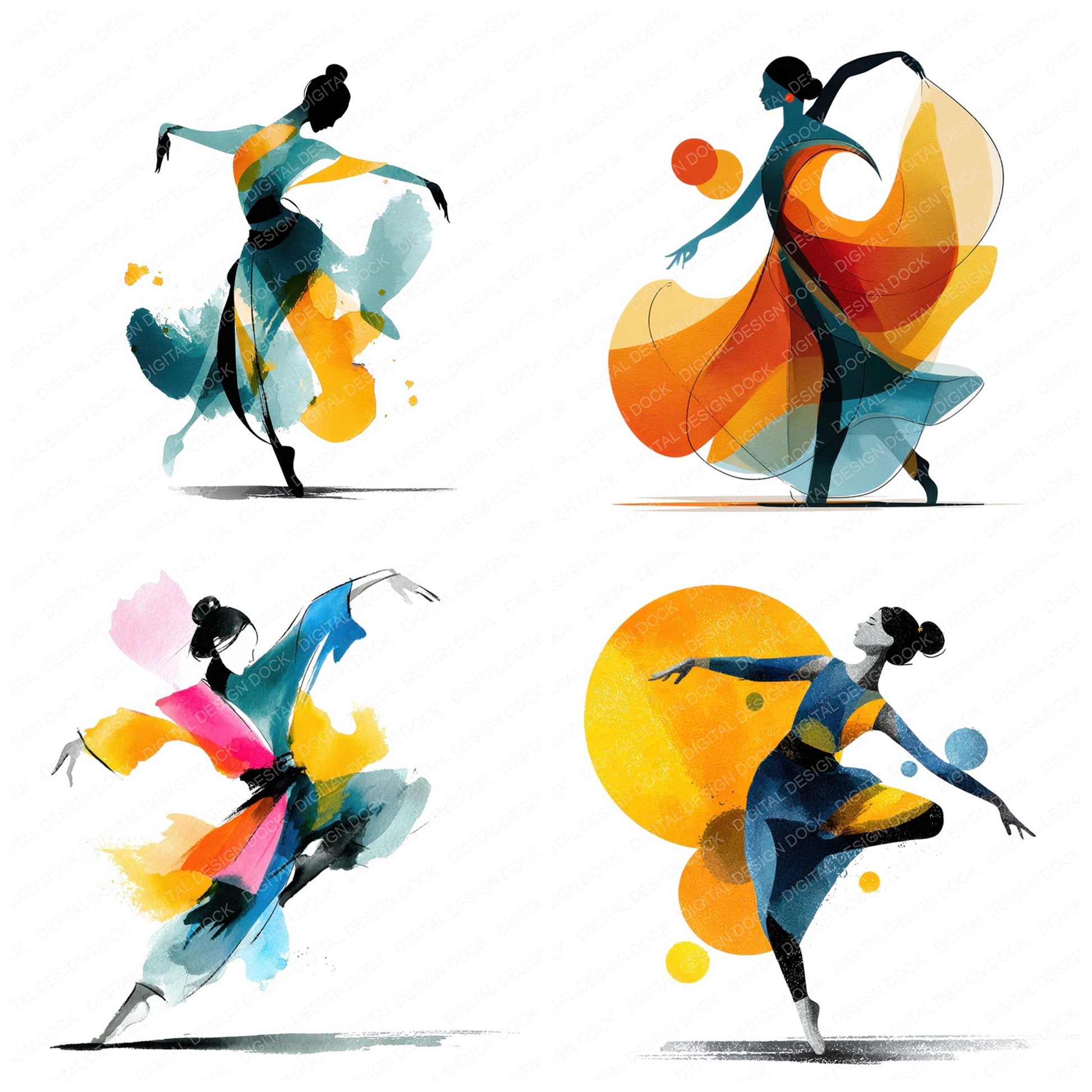 Preview layout showing Contemporary Dancer Woman clipart elements for scrapbooking, junk journals, and card making