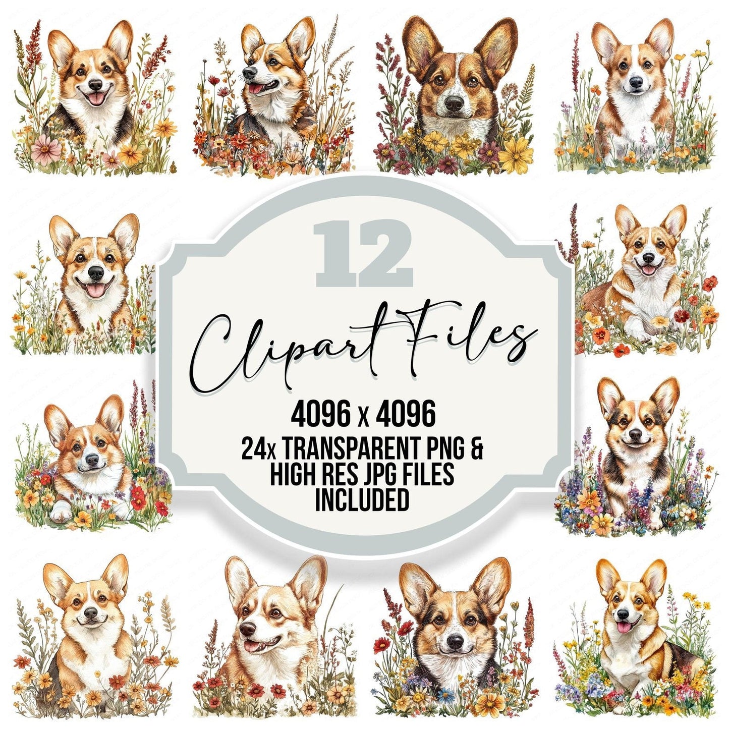 Corgi Dog Wildflower Clipart Set (DDD005011)