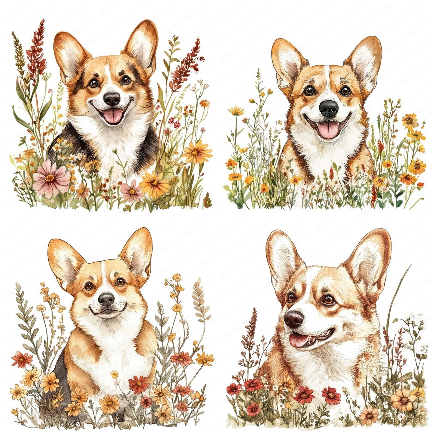 Corgi Dog Wildflower Clipart Set (DDD005011)