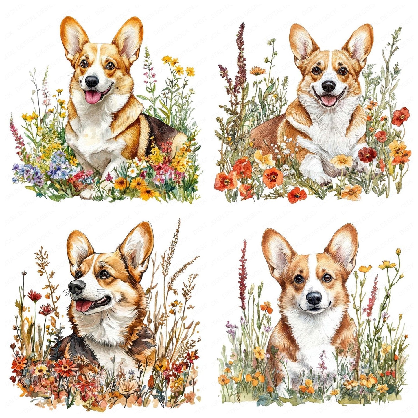 Corgi Dog Wildflower Clipart Set (DDD005011)