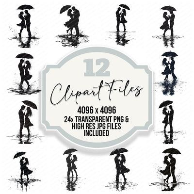 Couple Silhouette Dancing in Rain clipart set cover showing the designs and file details