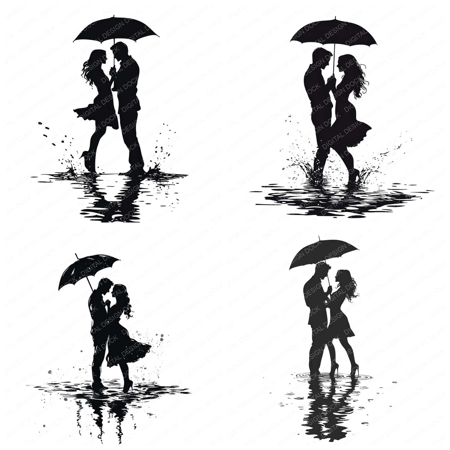 Couple Silhouette Dancing in Rain Clipart Set (DDD005016)