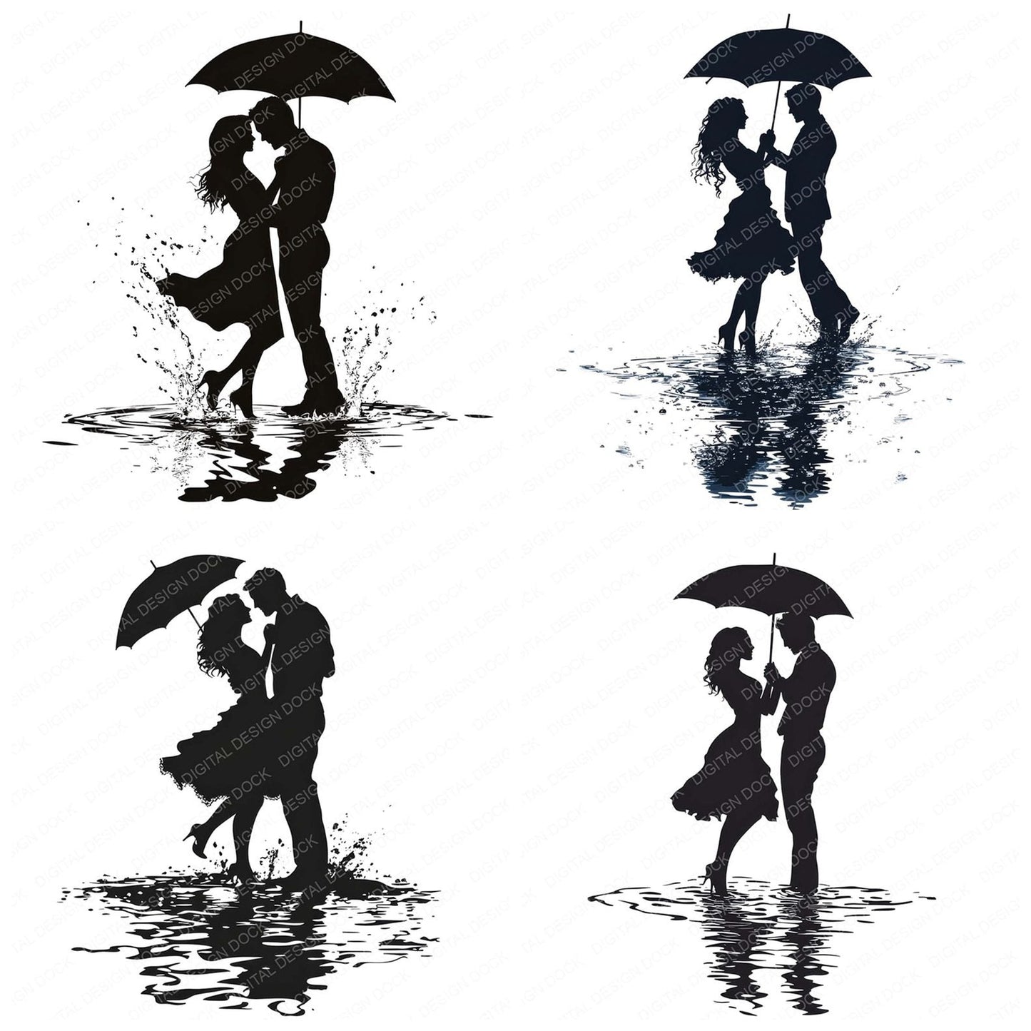 Couple Silhouette Dancing in Rain Clipart Set (DDD005016)