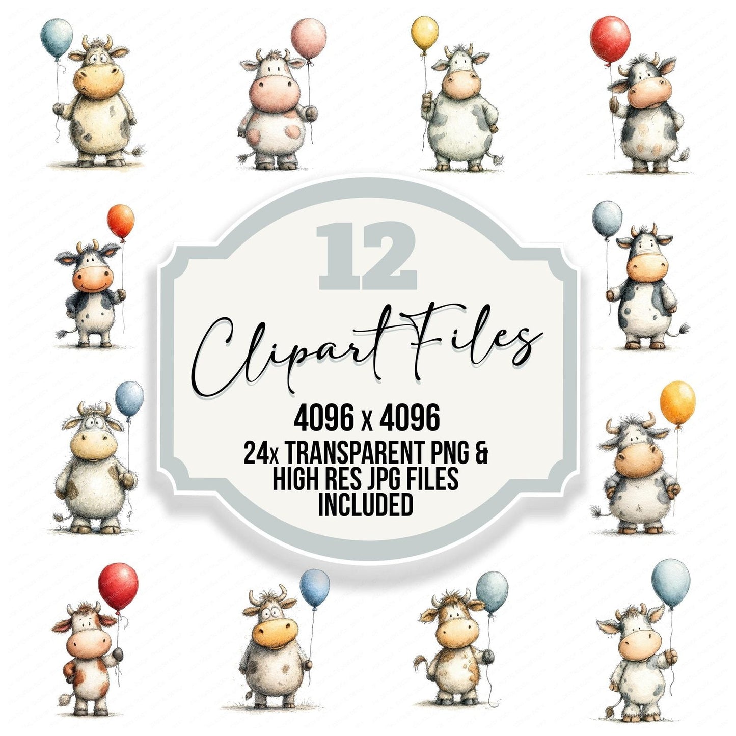 Cow Holding Balloon Clipart Set (DDD005018)