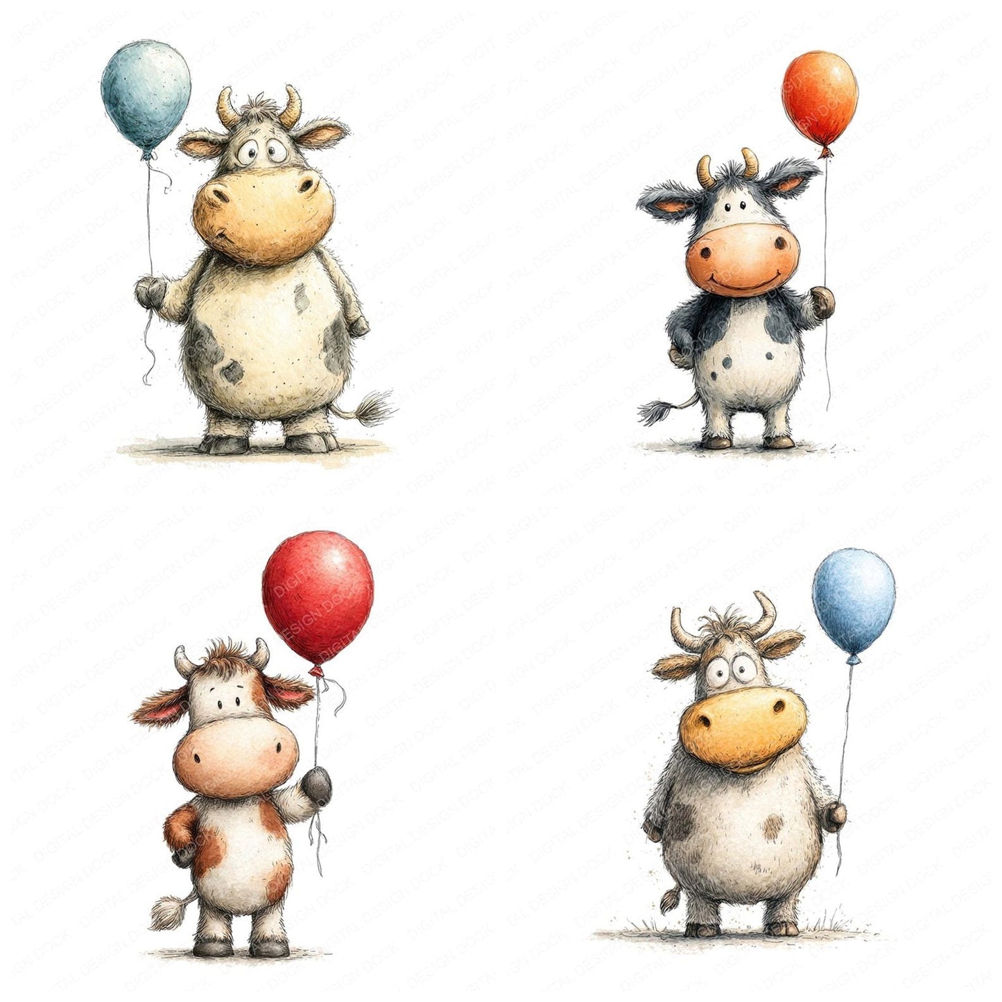 Cow Holding Balloon Clipart Set (DDD005018)
