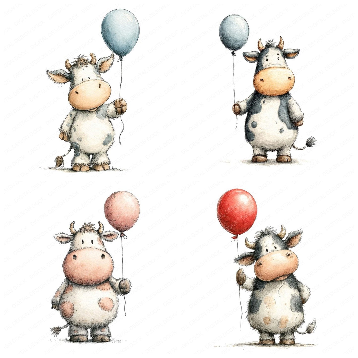 Cow Holding Balloon Clipart Set (DDD005018)