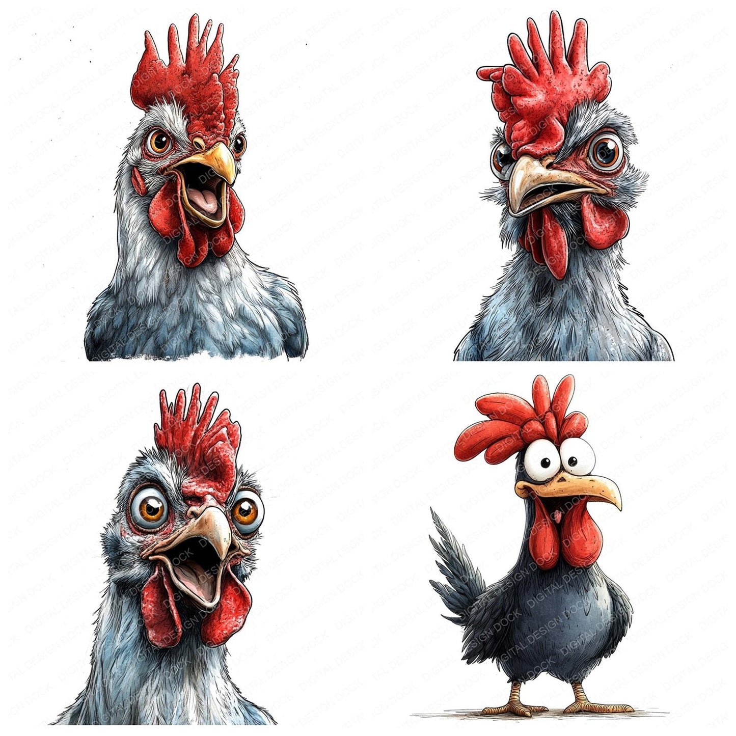 Crazy Rooster Cartoon Clipart Set (DDD005026)