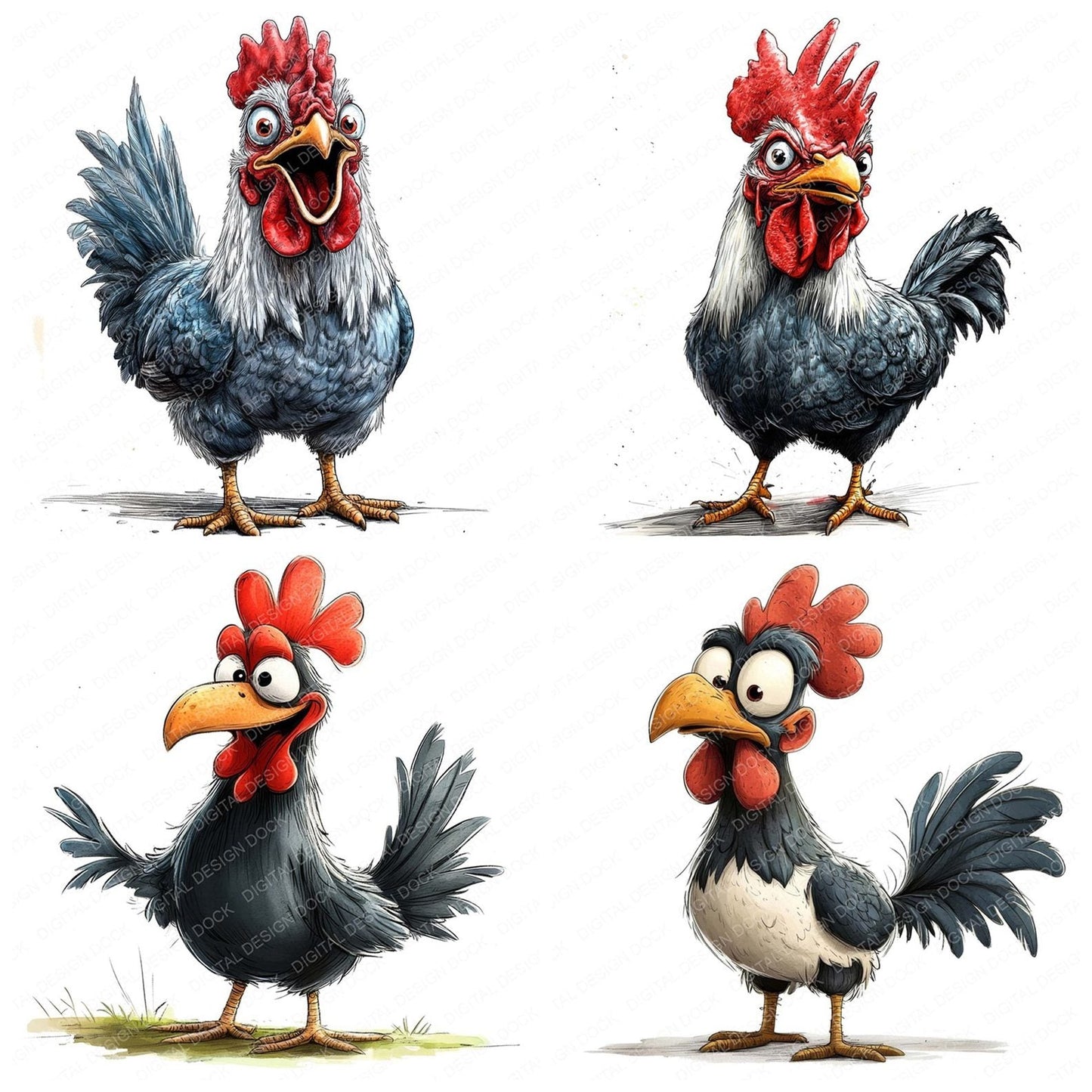 Crazy Rooster Cartoon Clipart Set (DDD005026)