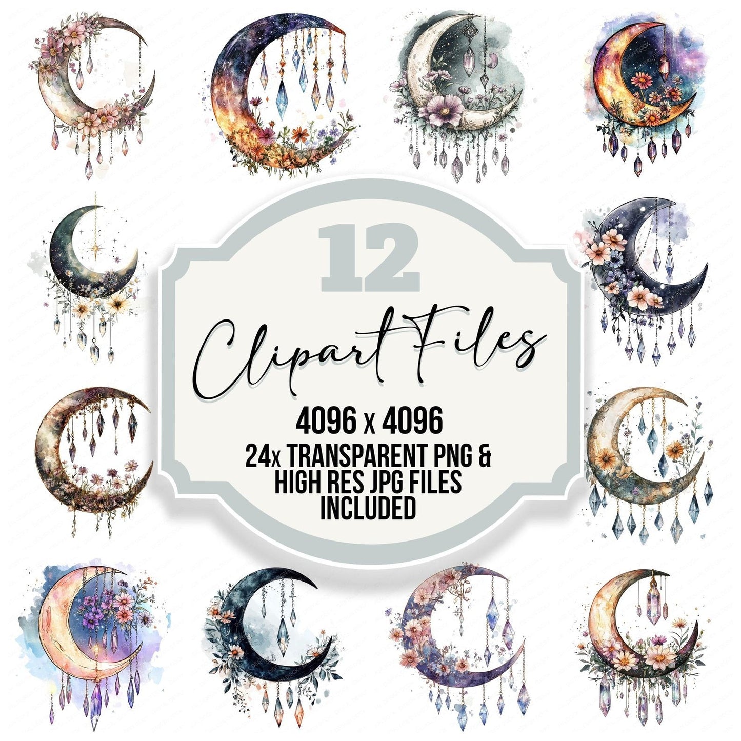 Crescent Moon Crystals and Flowers Clipart Set (DDD005027)