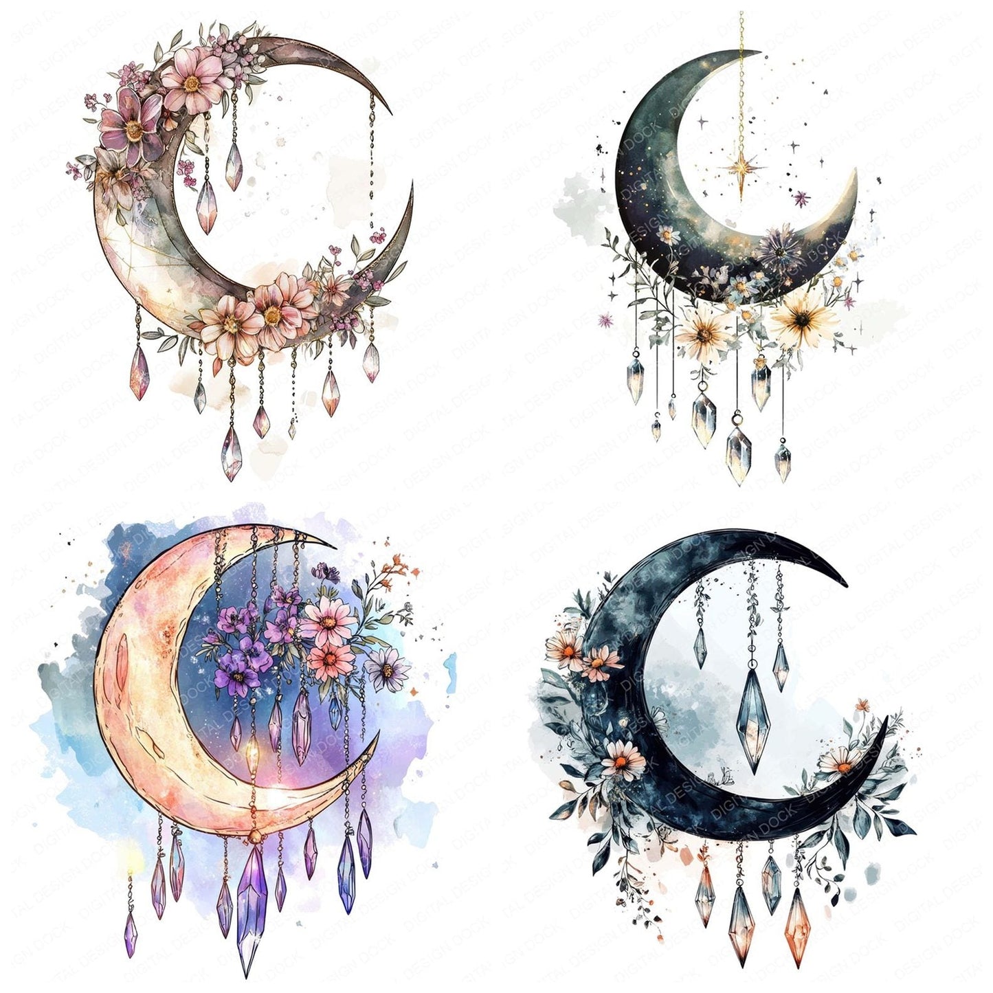Crescent Moon Crystals and Flowers Clipart Set (DDD005027)
