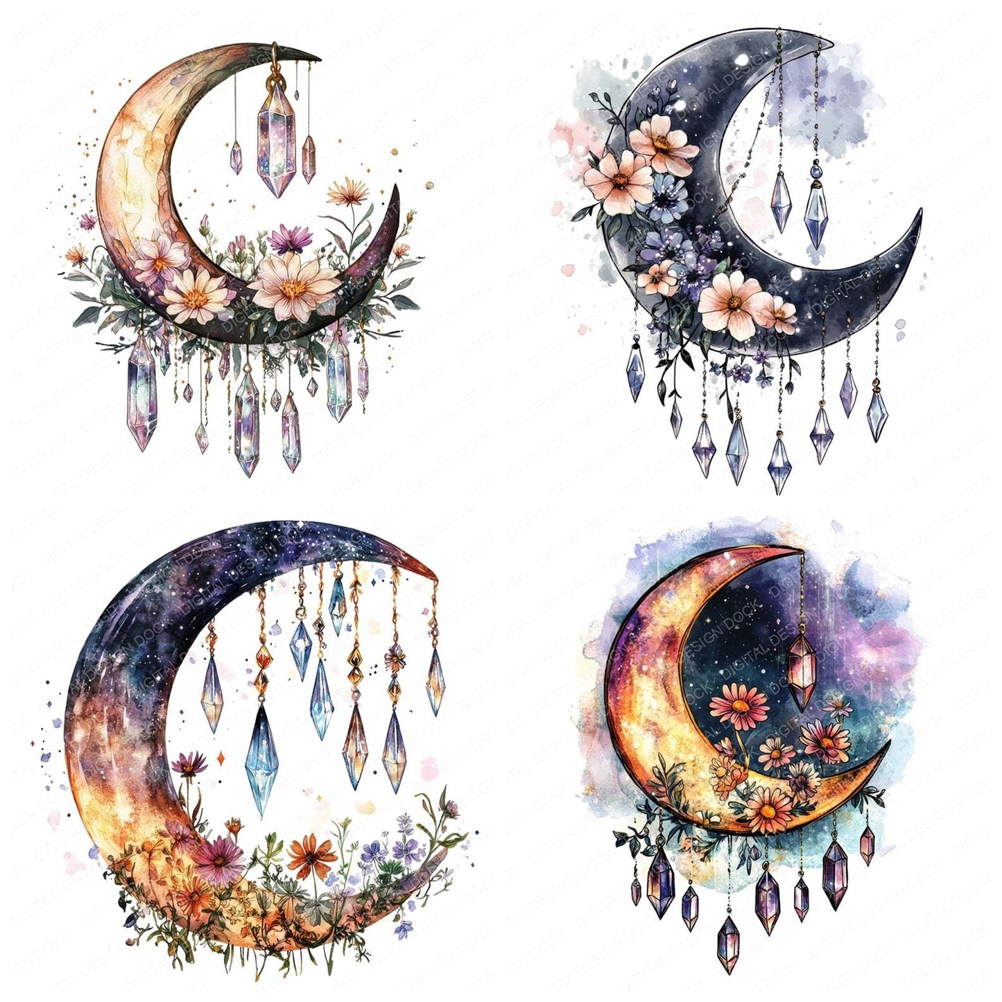 Crescent Moon Crystals and Flowers Clipart Set (DDD005027)