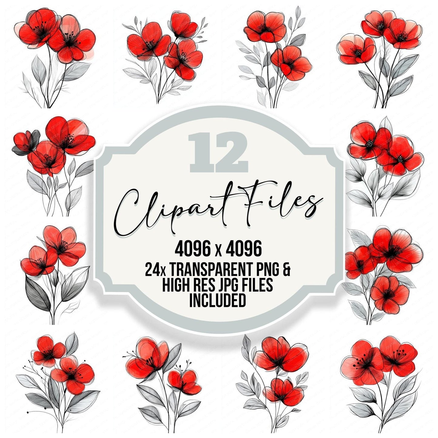 Crimson Abstract Flowers Clipart Set (DDD005031)