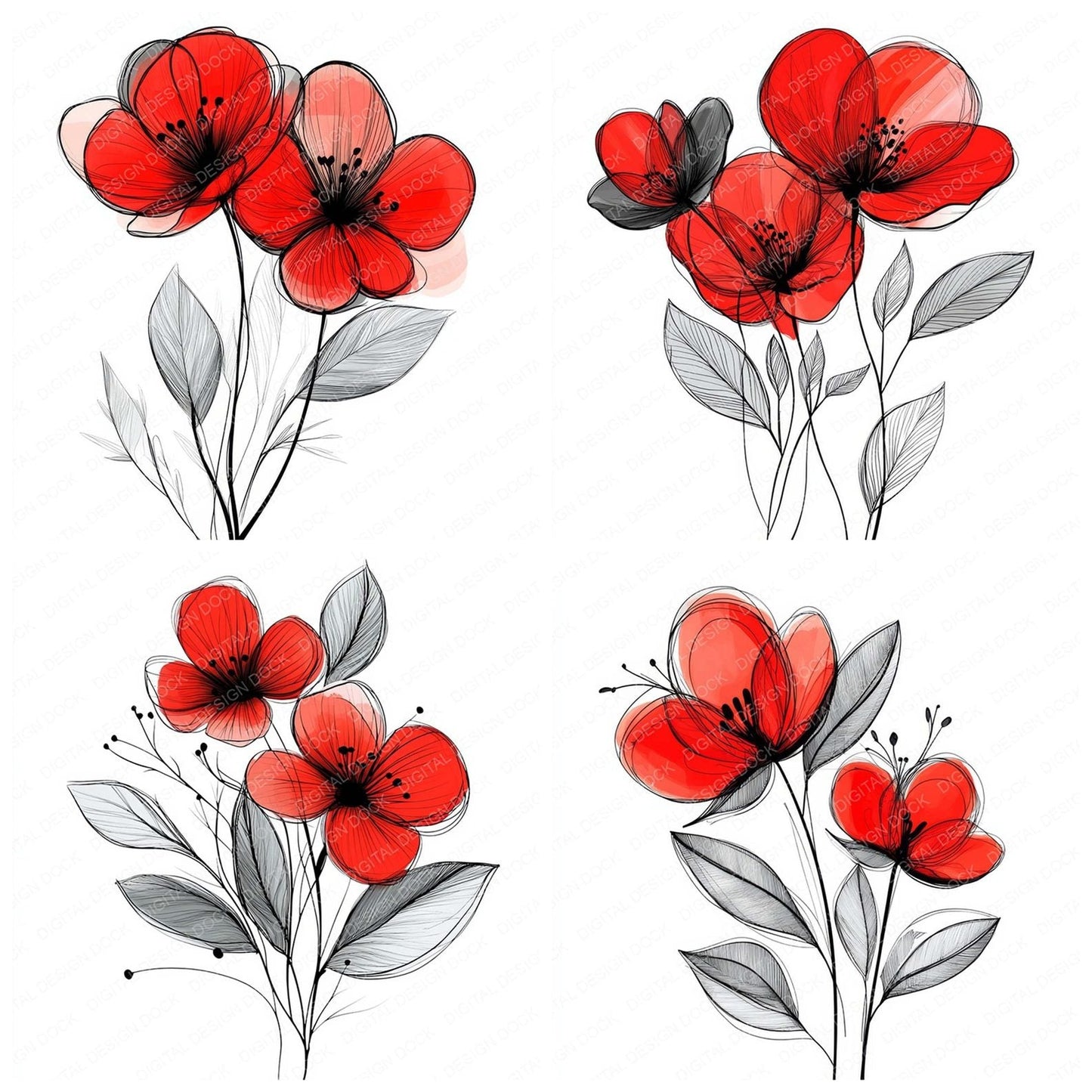Crimson Abstract Flowers Clipart Set (DDD005031)