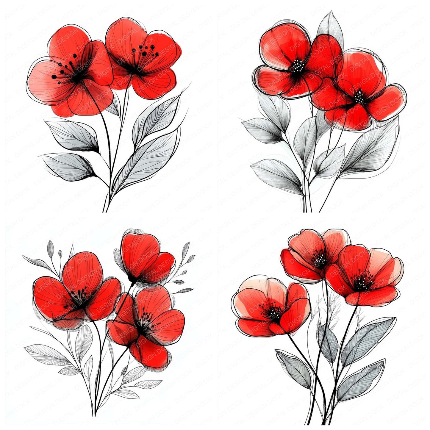 Crimson Abstract Flowers Clipart Set (DDD005031)