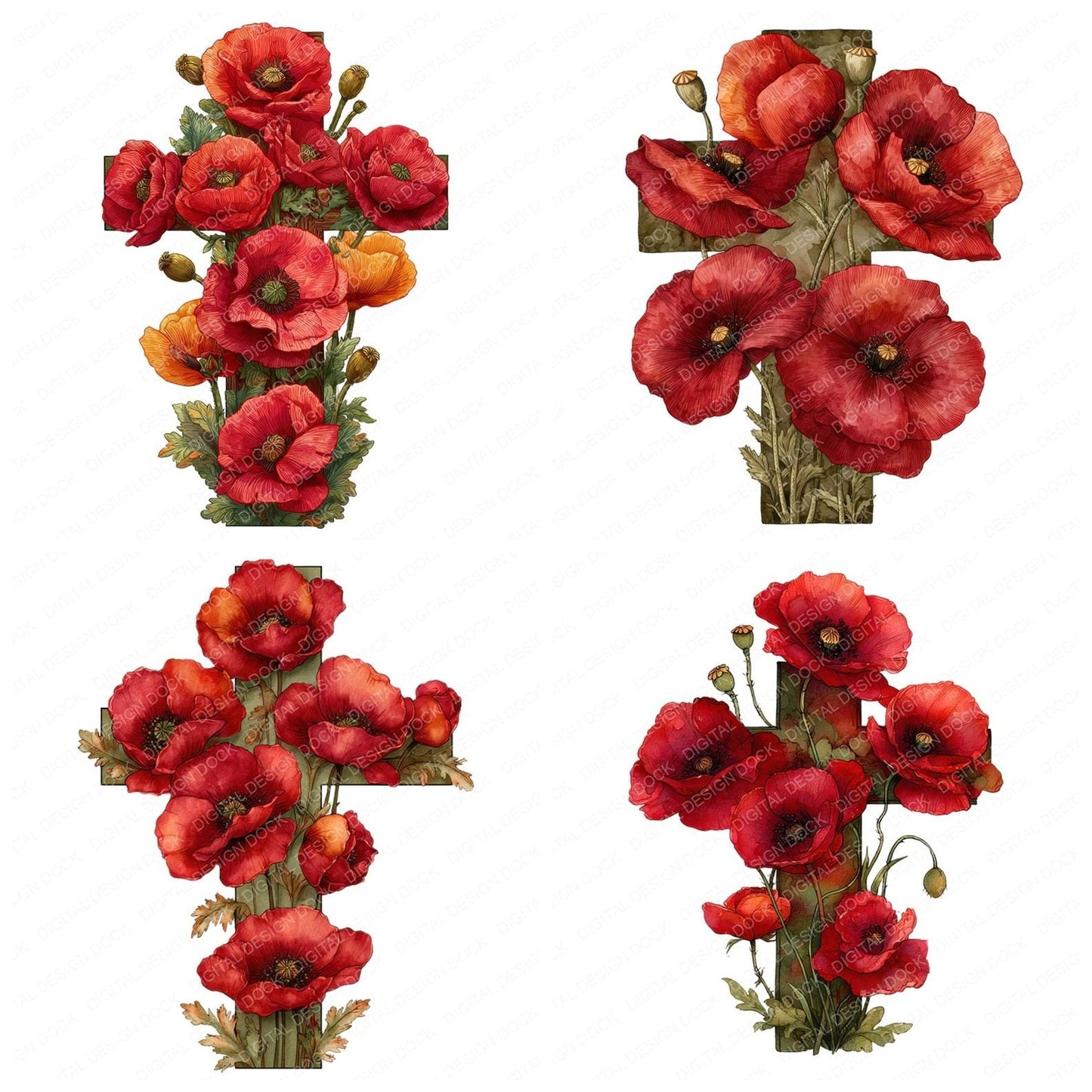 Cross with Red Poppies Clipart Set (DDD005039)