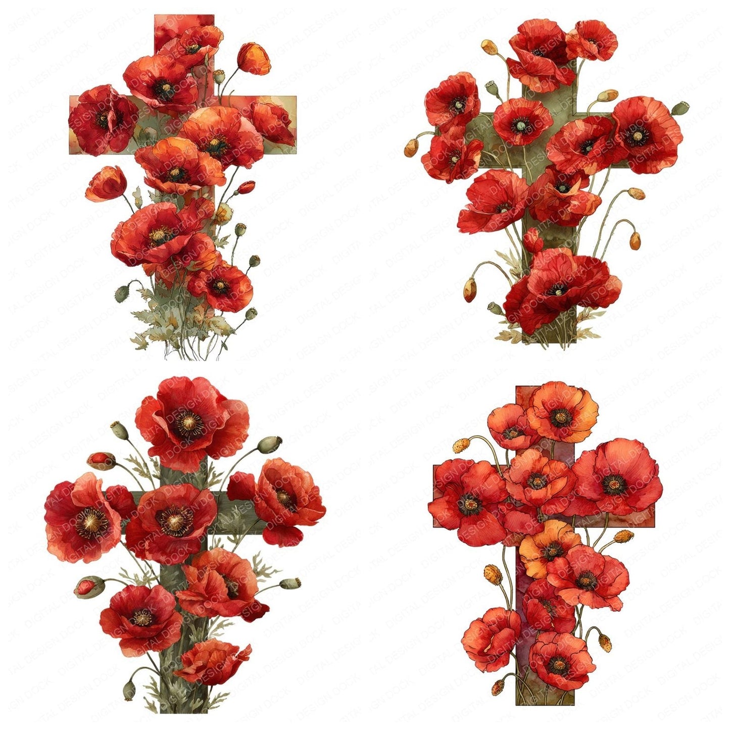 Cross with Red Poppies Clipart Set (DDD005039)