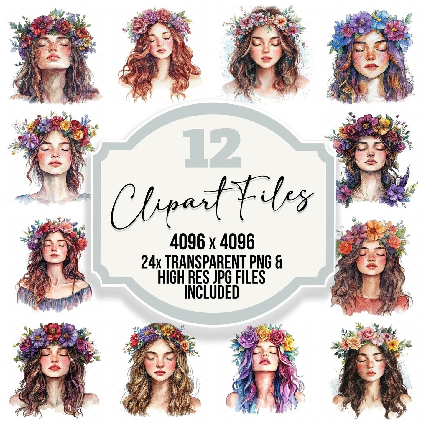 Crowned Floral Woman Clipart Set (DDD005043)