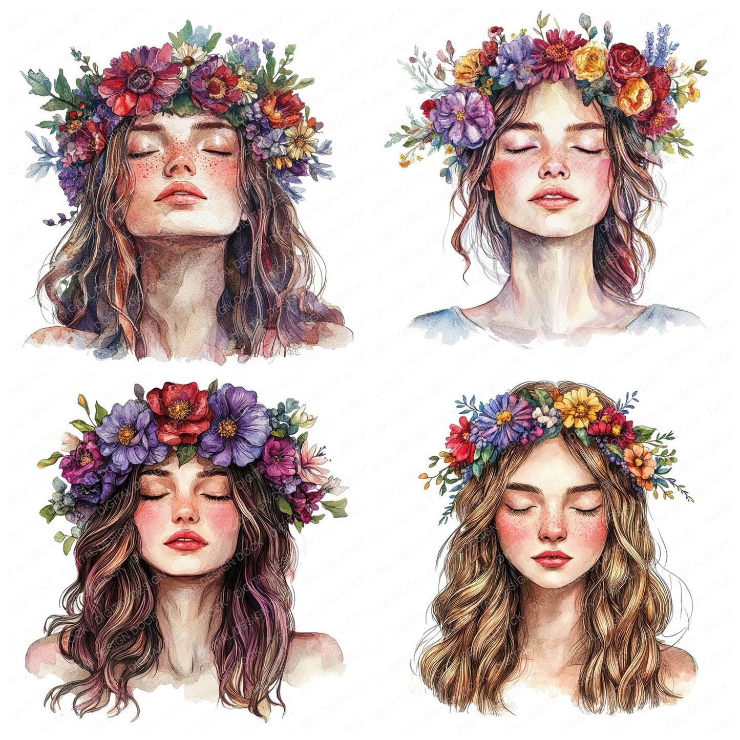 Crowned Floral Woman Clipart Set (DDD005043)