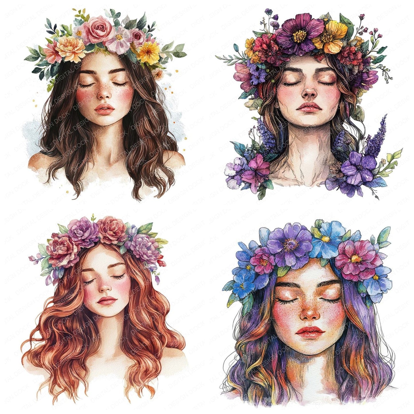 Crowned Floral Woman Clipart Set (DDD005043)