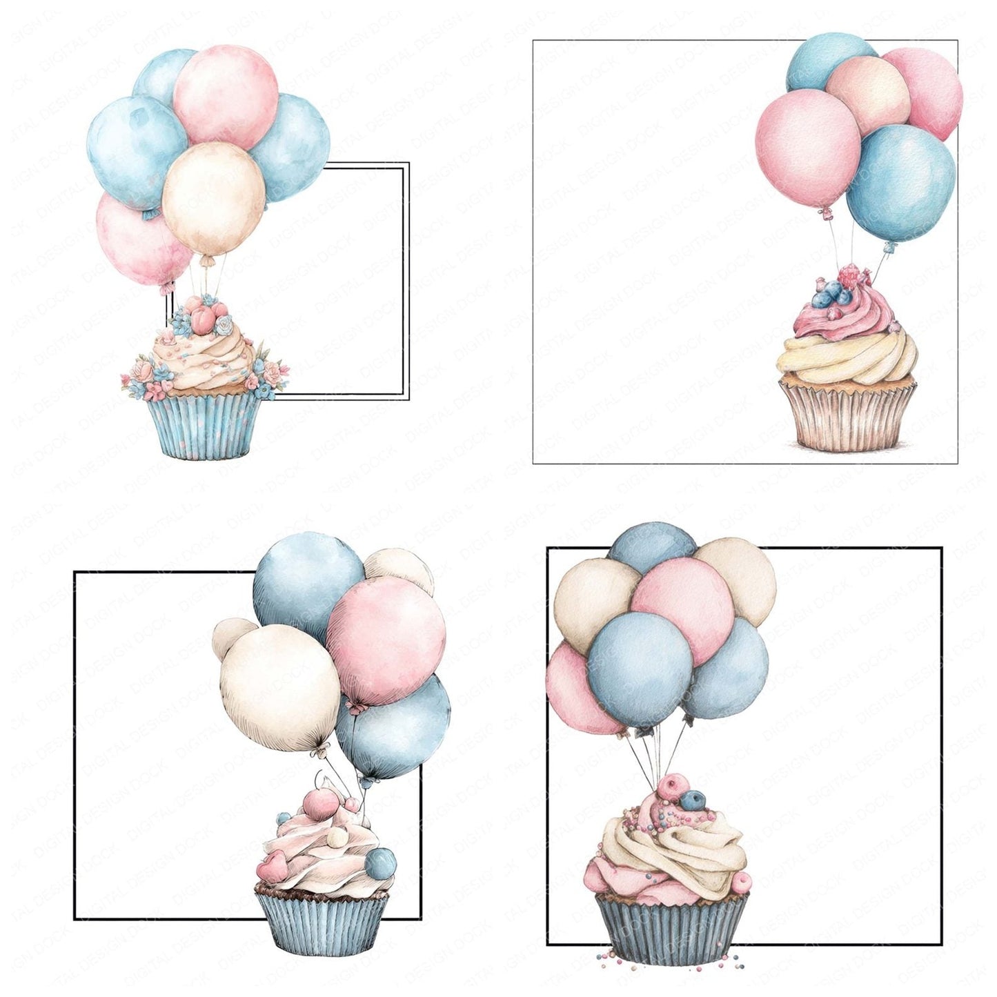 Cupcake Balloon Frame Clipart Set (DDD005053)