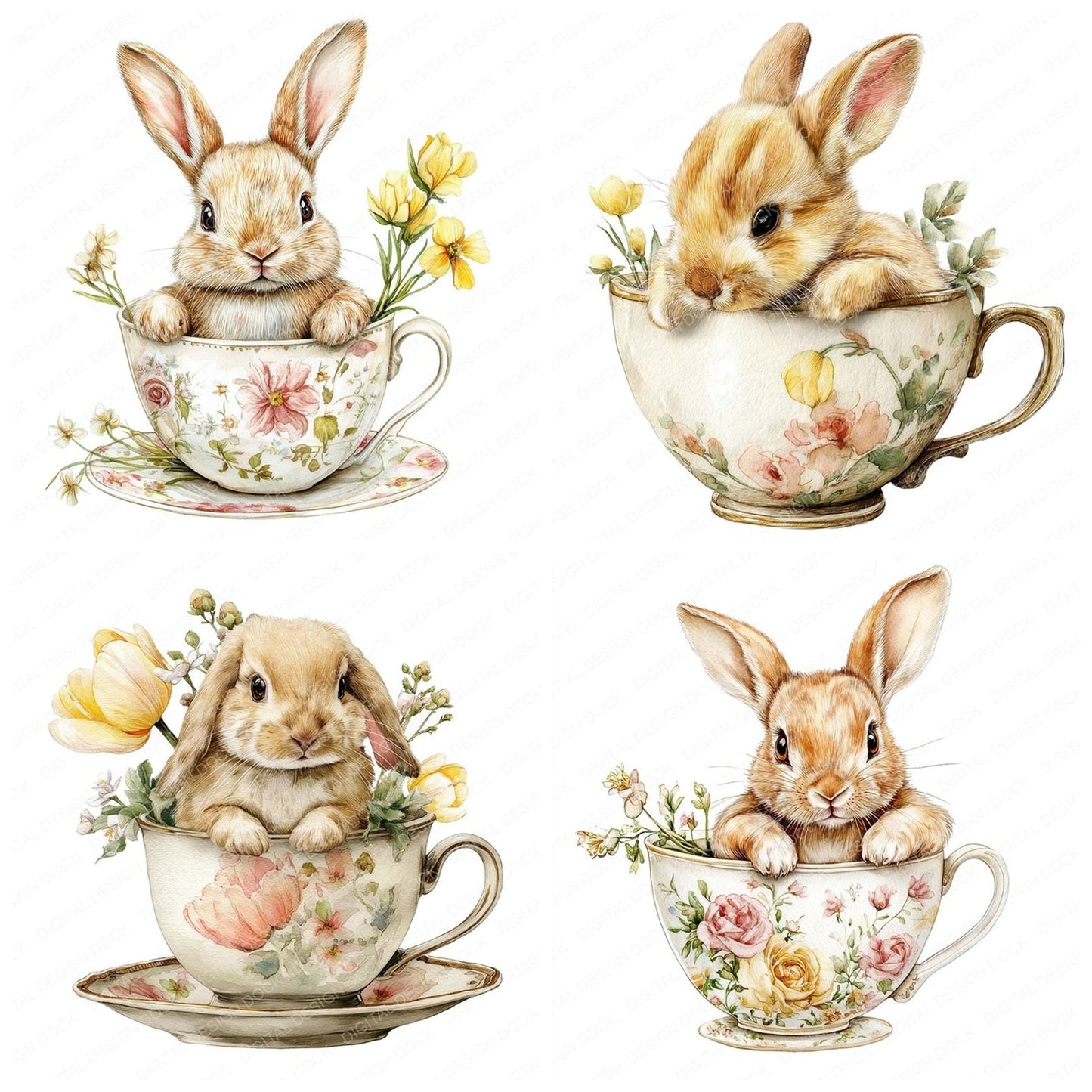 Cute easter Bunny in Teacup Clipart Set (DDD005065)