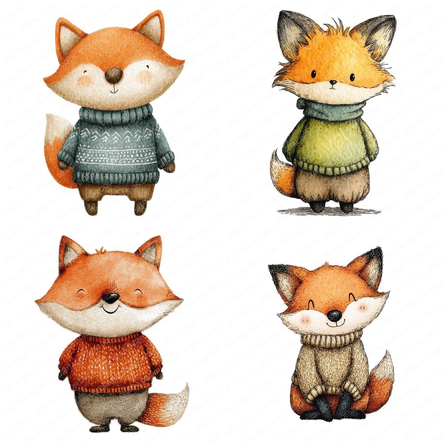 Cute Fox In Wool Jumper Clipart Set (DDD005066)