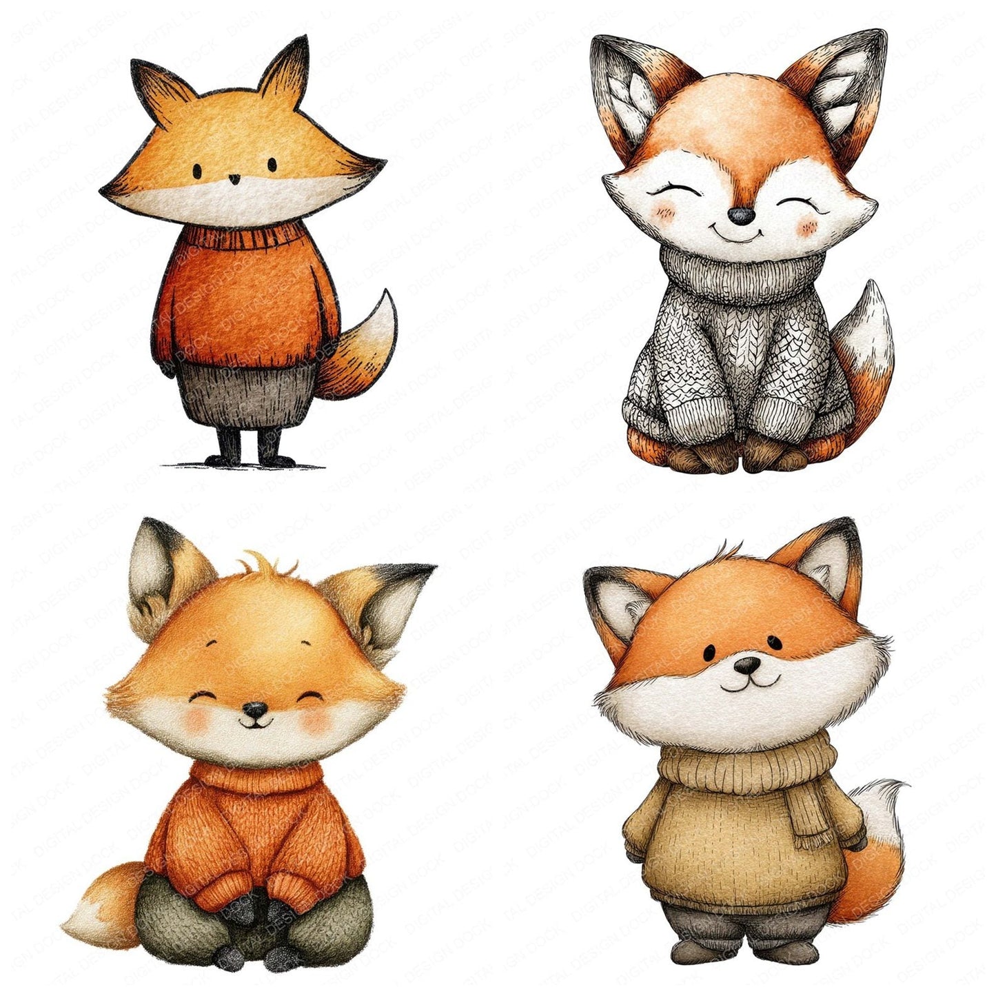 Cute Fox In Wool Jumper Clipart Set (DDD005066)