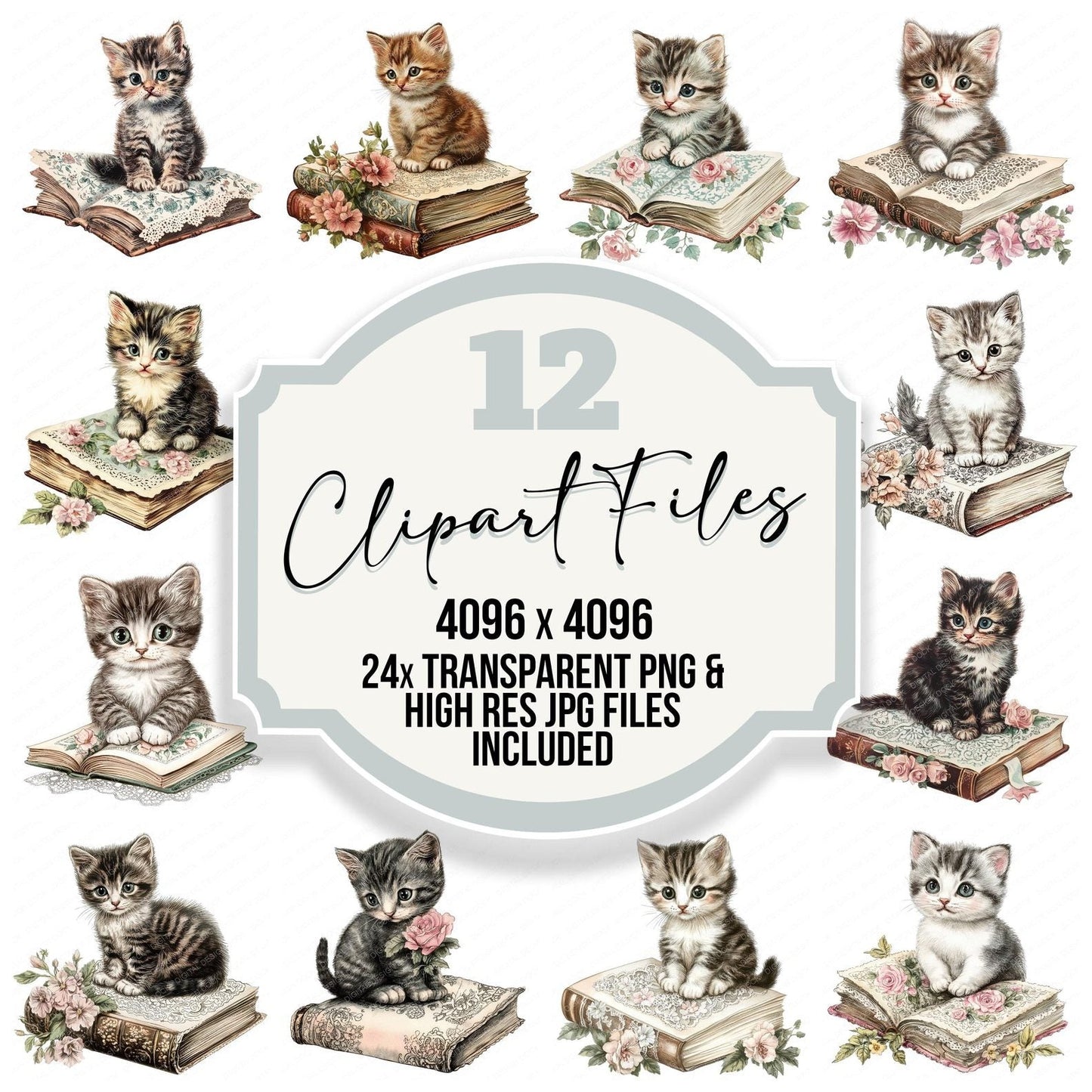 Cute Victorian Kitten on Book Clipart Set (DDD005078)