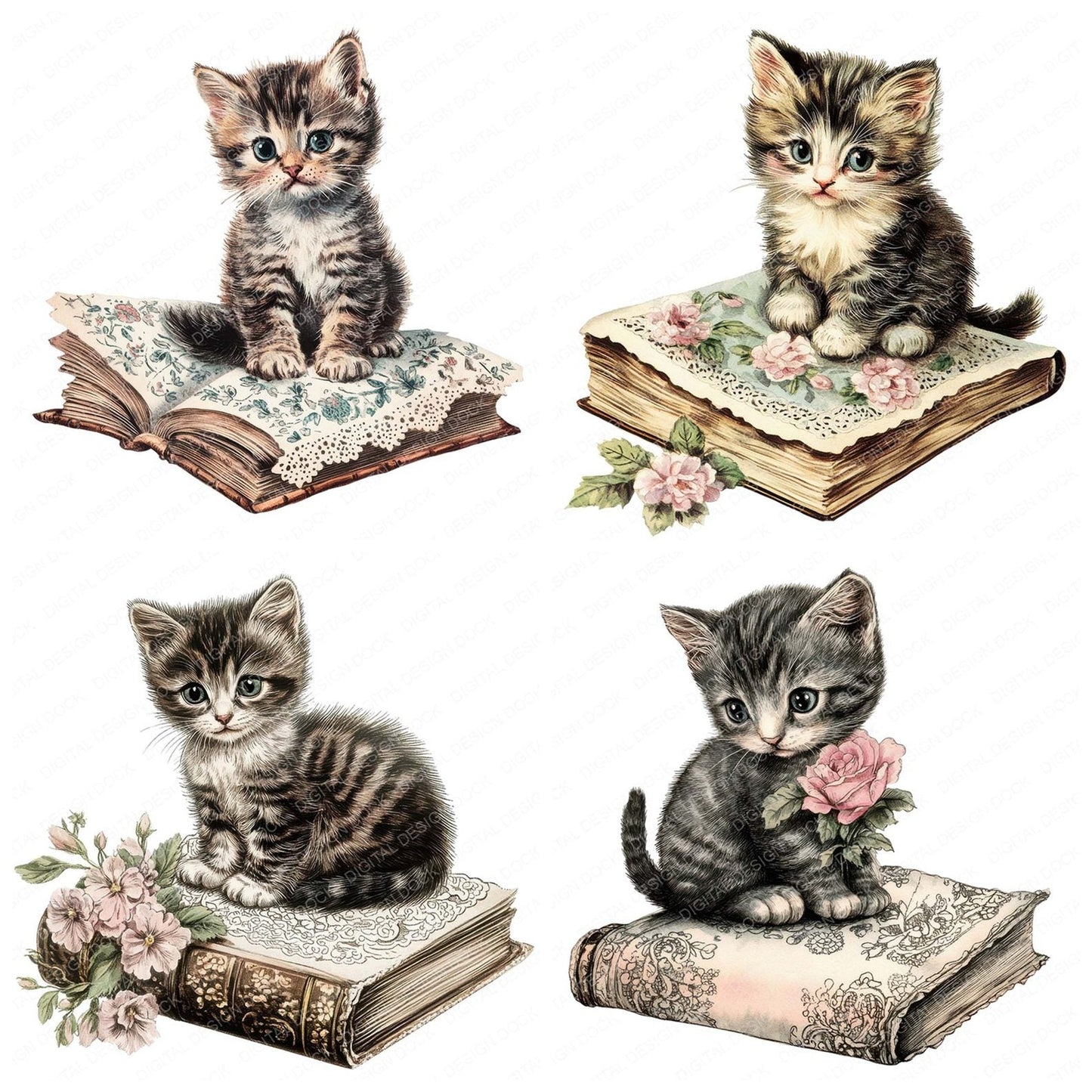 Cute Victorian Kitten on Book Clipart Set (DDD005078)