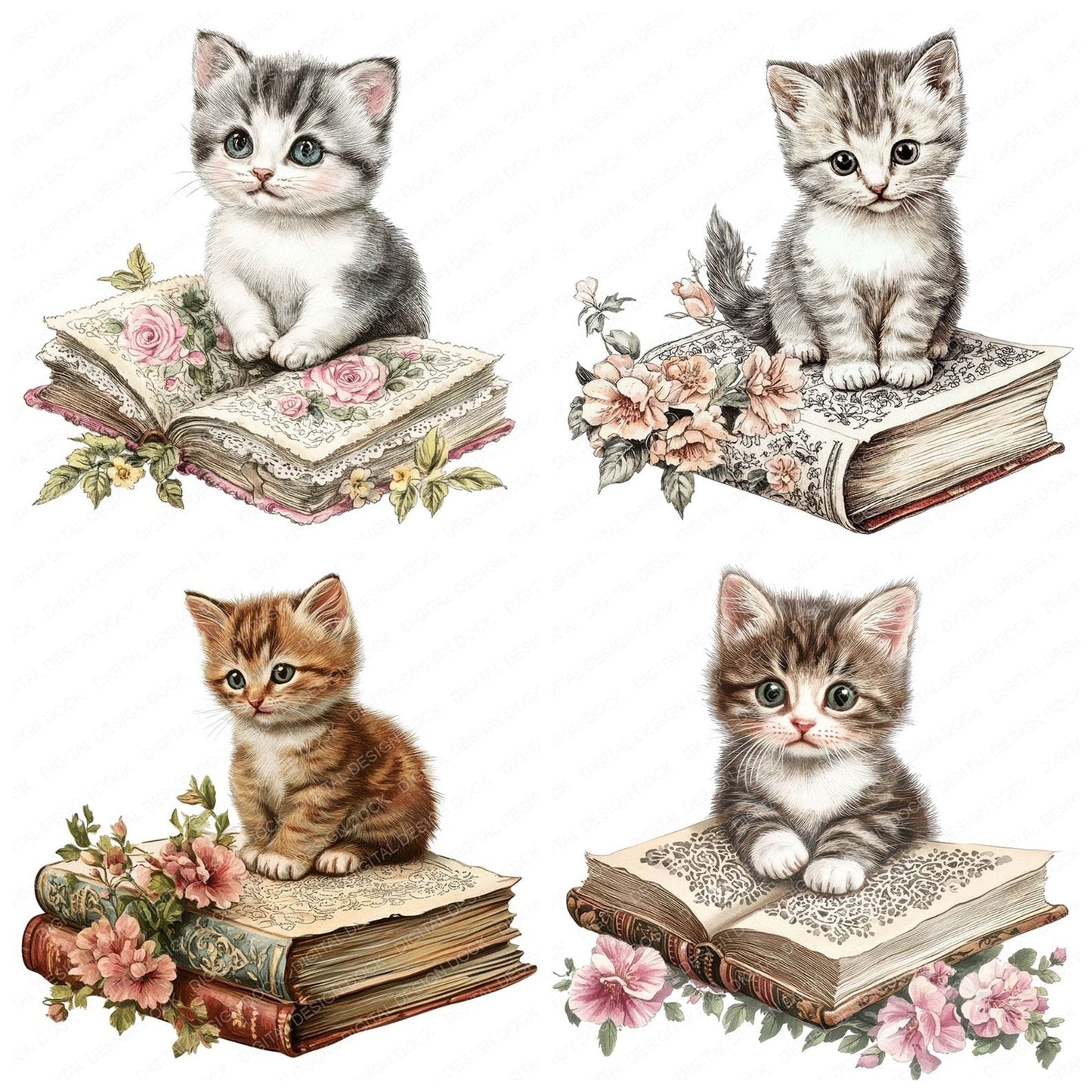 Cute Victorian Kitten on Book Clipart Set (DDD005078)