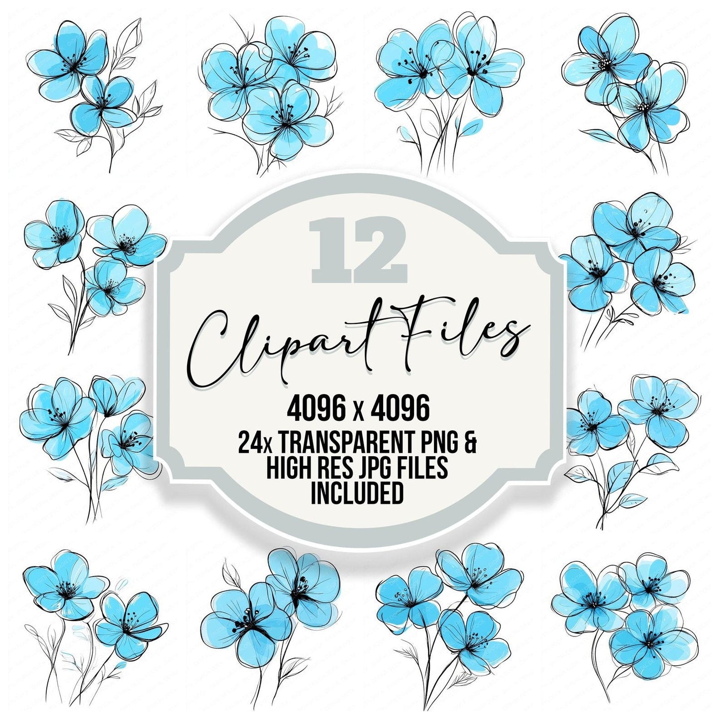 Cyan Abstract Flowers Clipart Set (DDD005081)