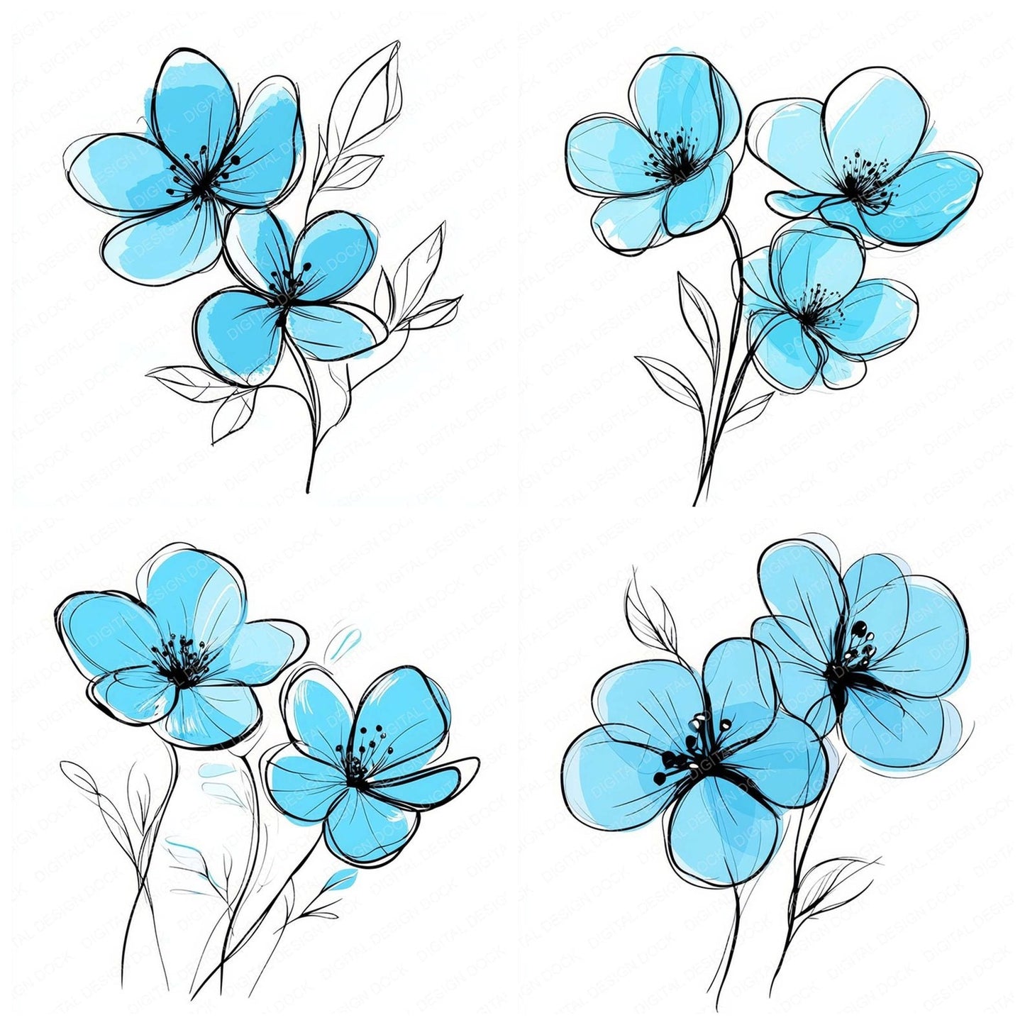 Cyan Abstract Flowers Clipart Set (DDD005081)