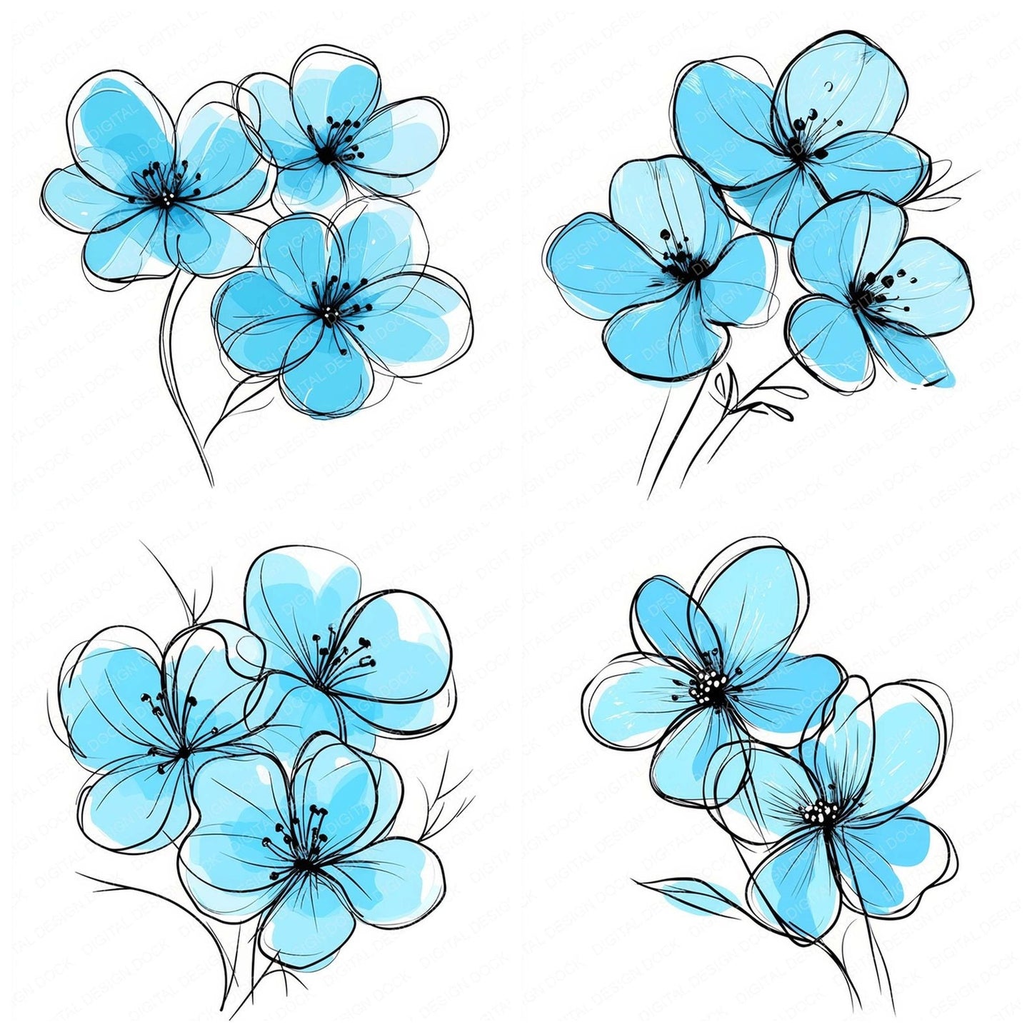 Cyan Abstract Flowers Clipart Set (DDD005081)