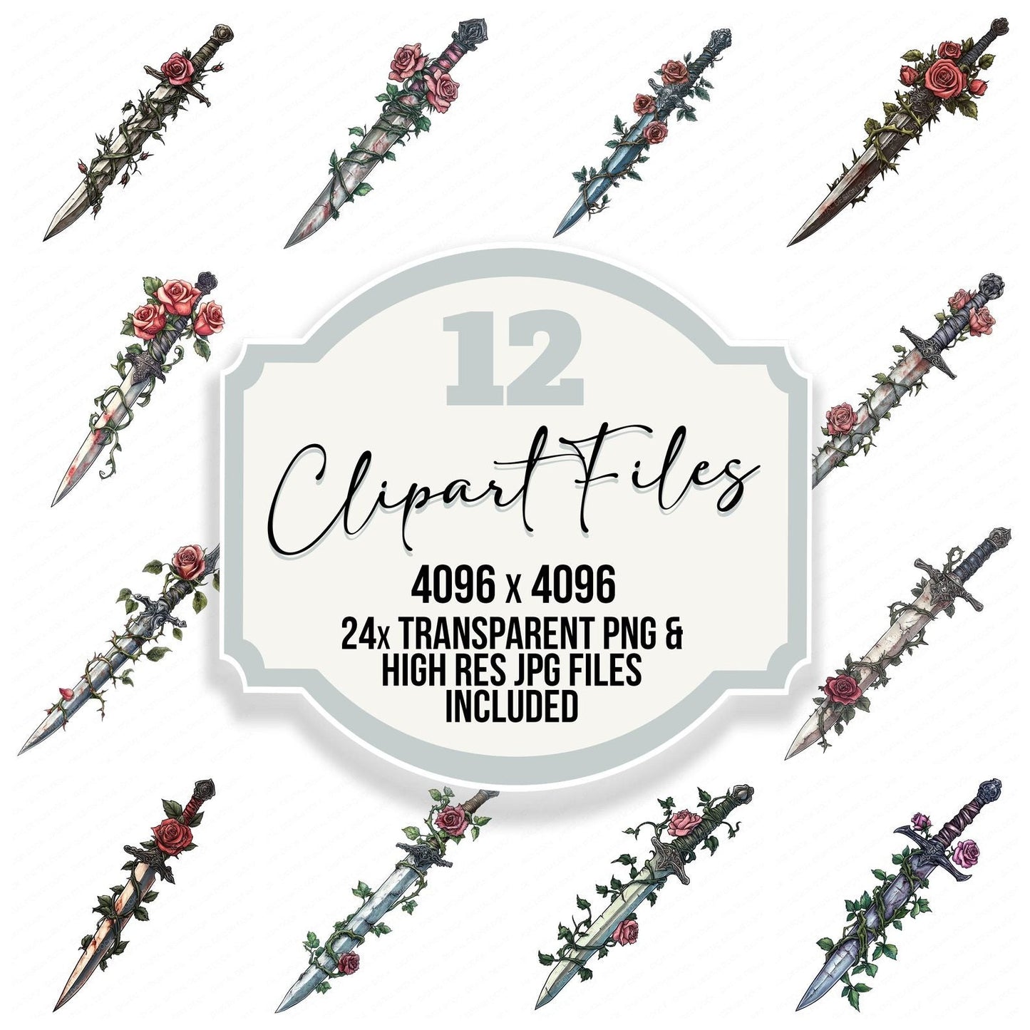 Dagger Wrapped in Roses Clipart Set (DDD005085)