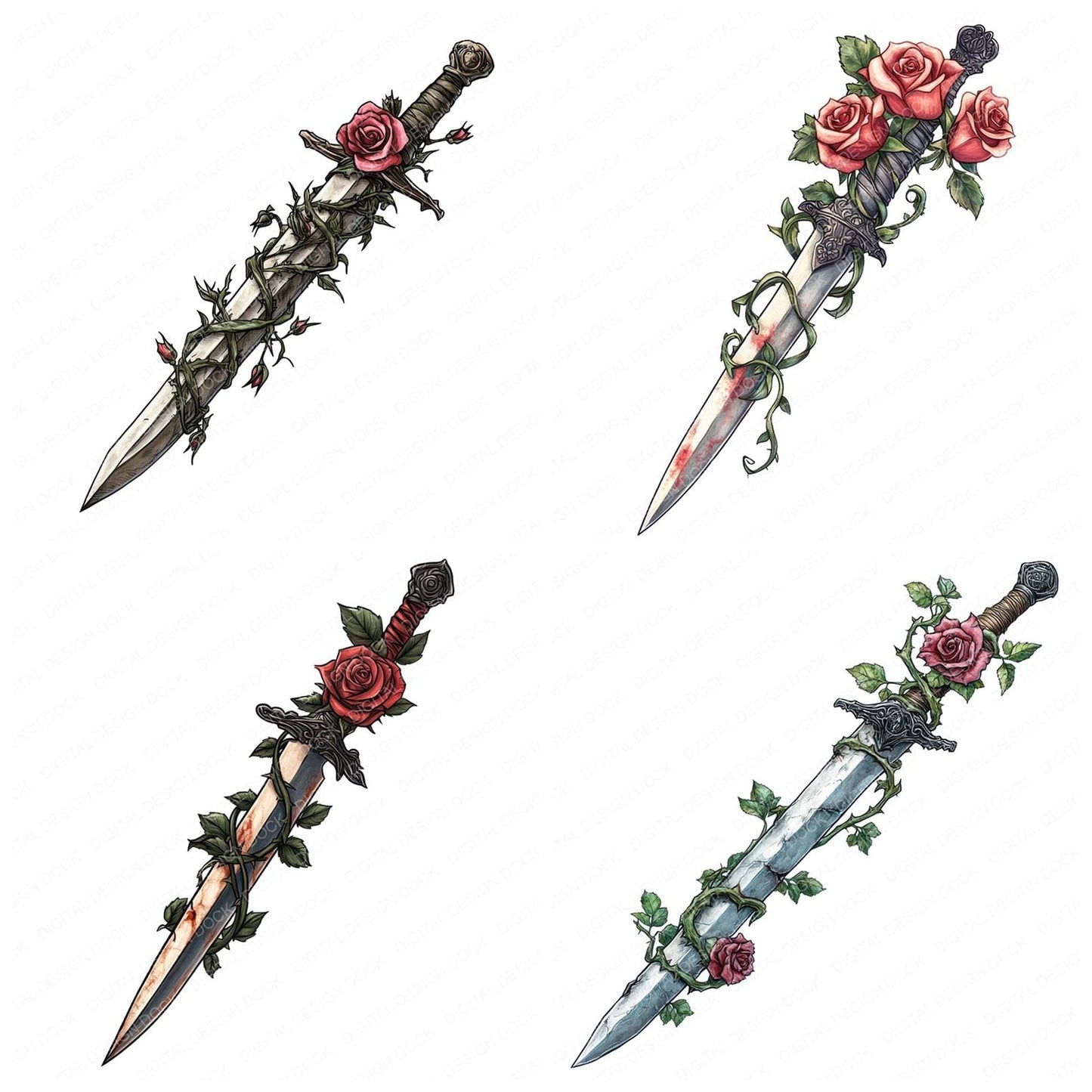 Dagger Wrapped in Roses Clipart Set (DDD005085)