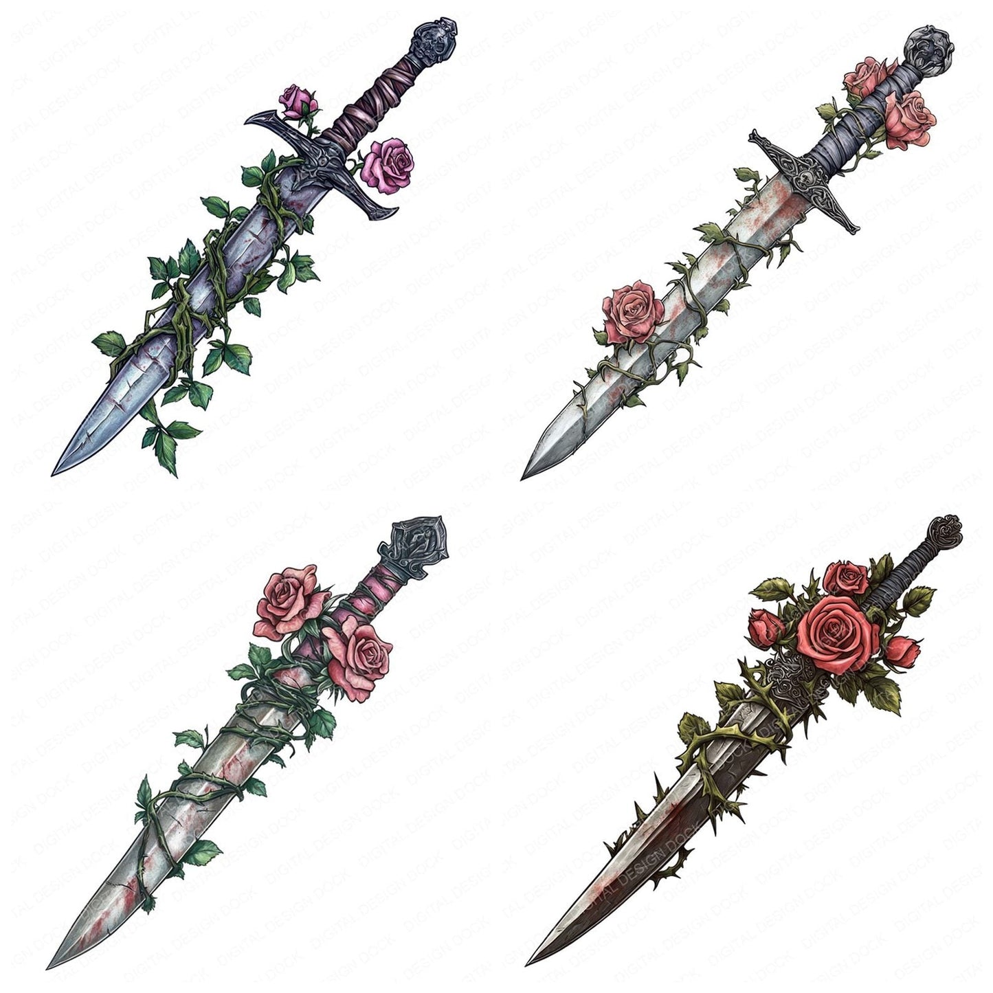 Dagger Wrapped in Roses Clipart Set (DDD005085)