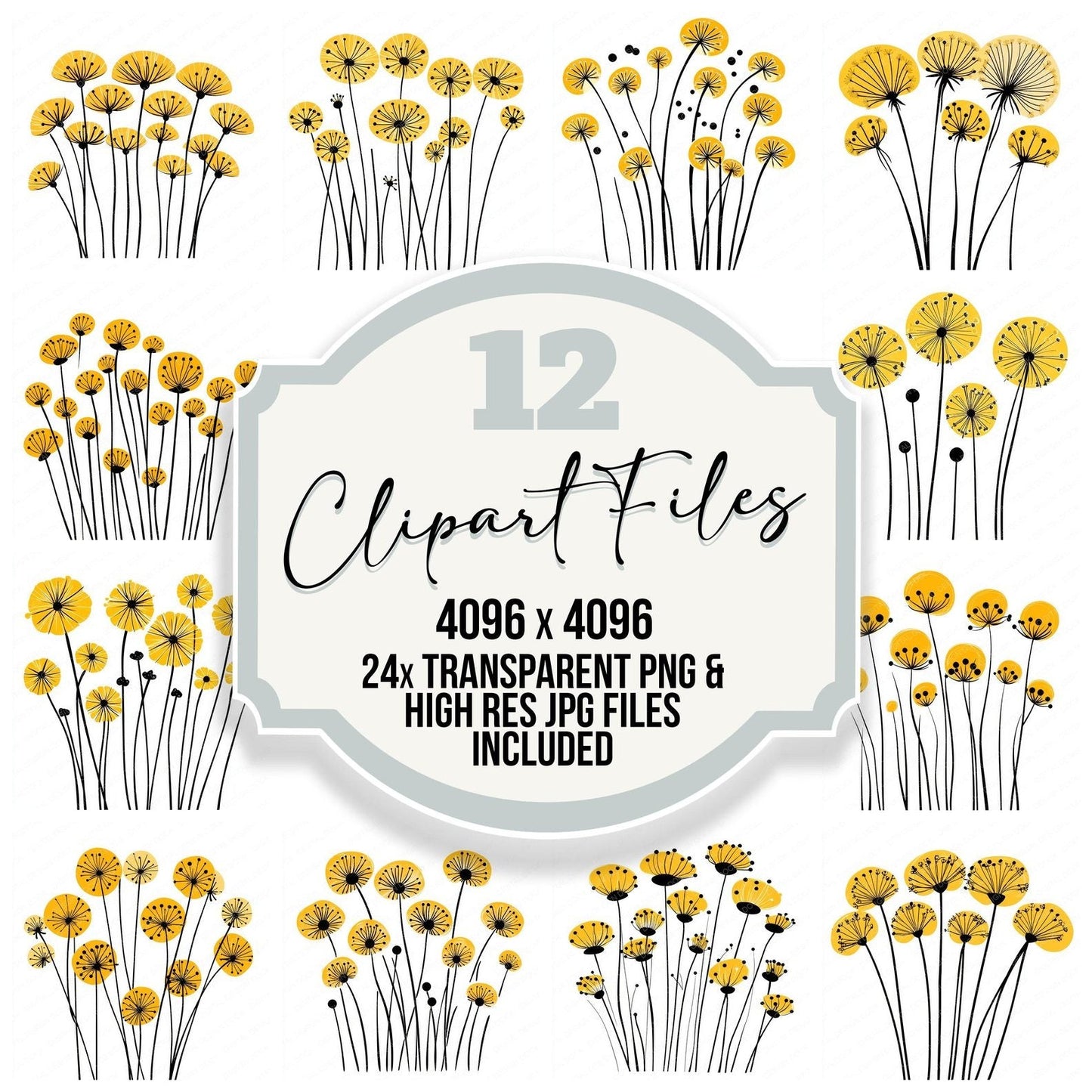 Dandelion Yellow Abstract Flowers Clipart Set (DDD005093)