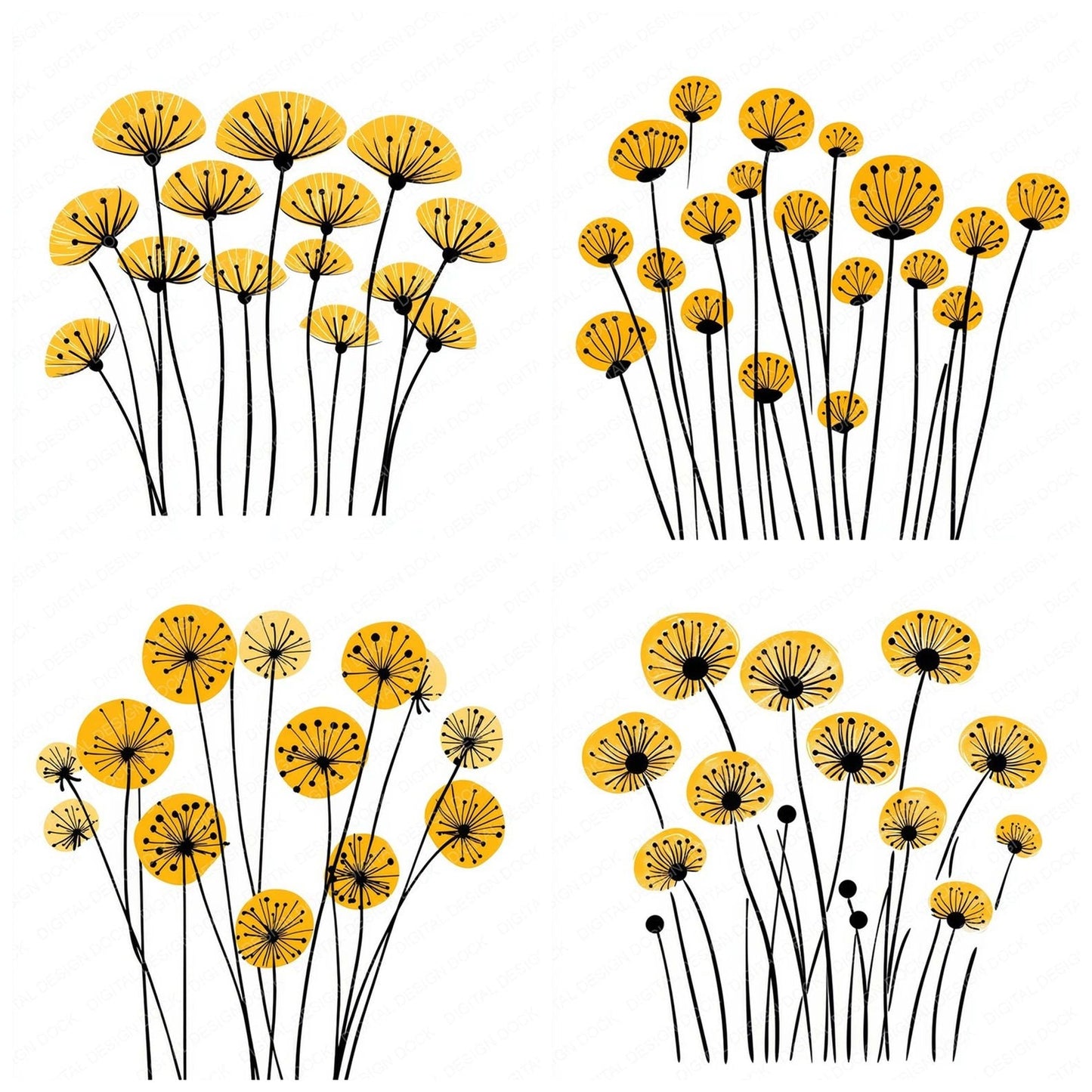 Dandelion Yellow Abstract Flowers Clipart Set (DDD005093)