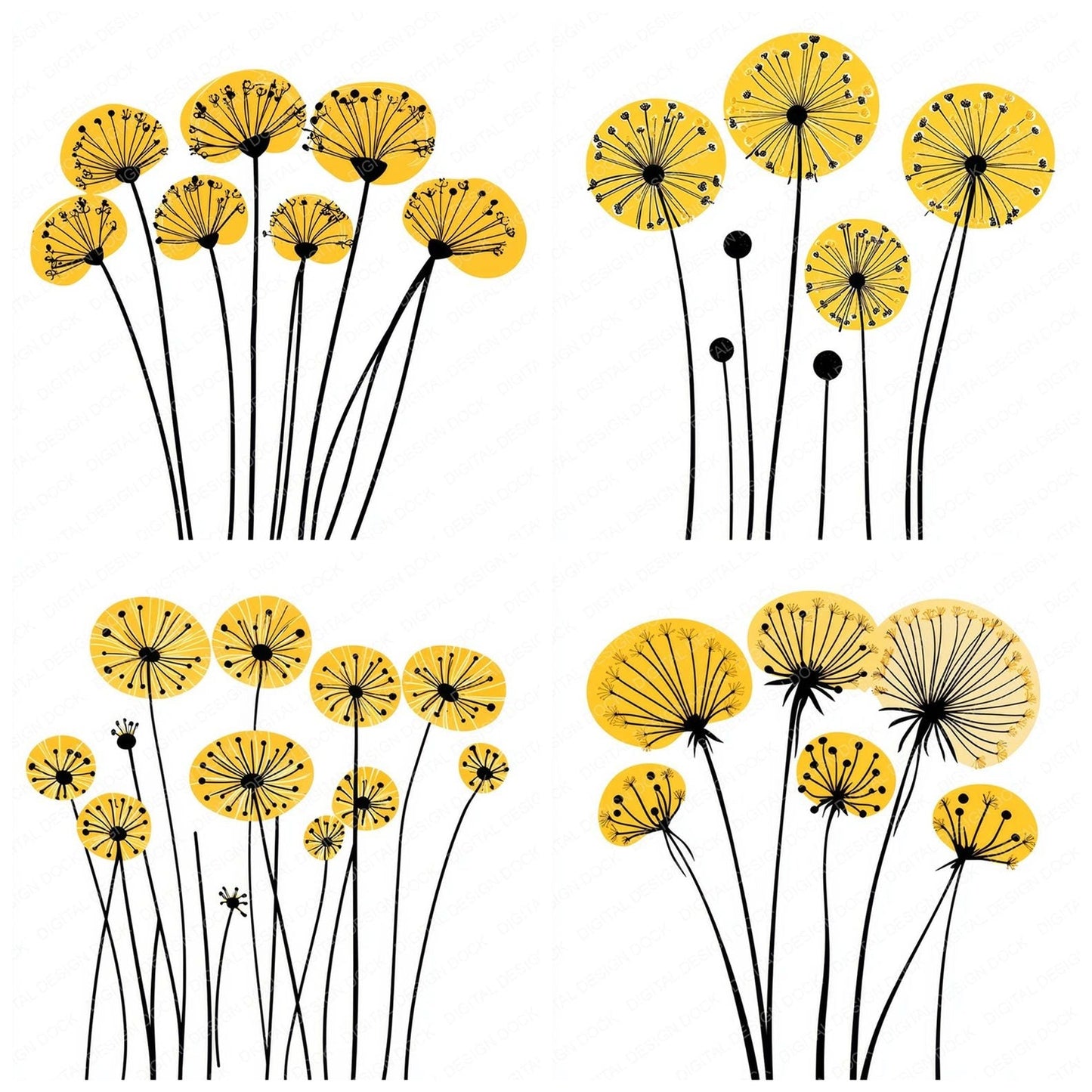 Dandelion Yellow Abstract Flowers Clipart Set (DDD005093)
