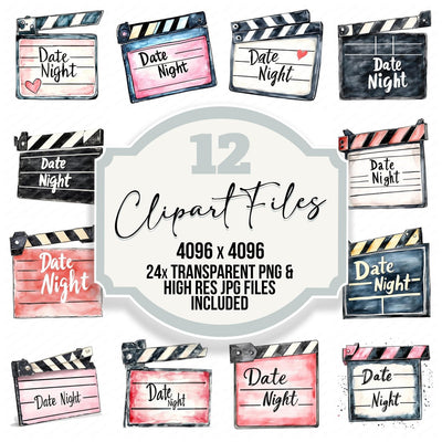 Date Night Film Clapperboard clipart set cover showing the designs and file details