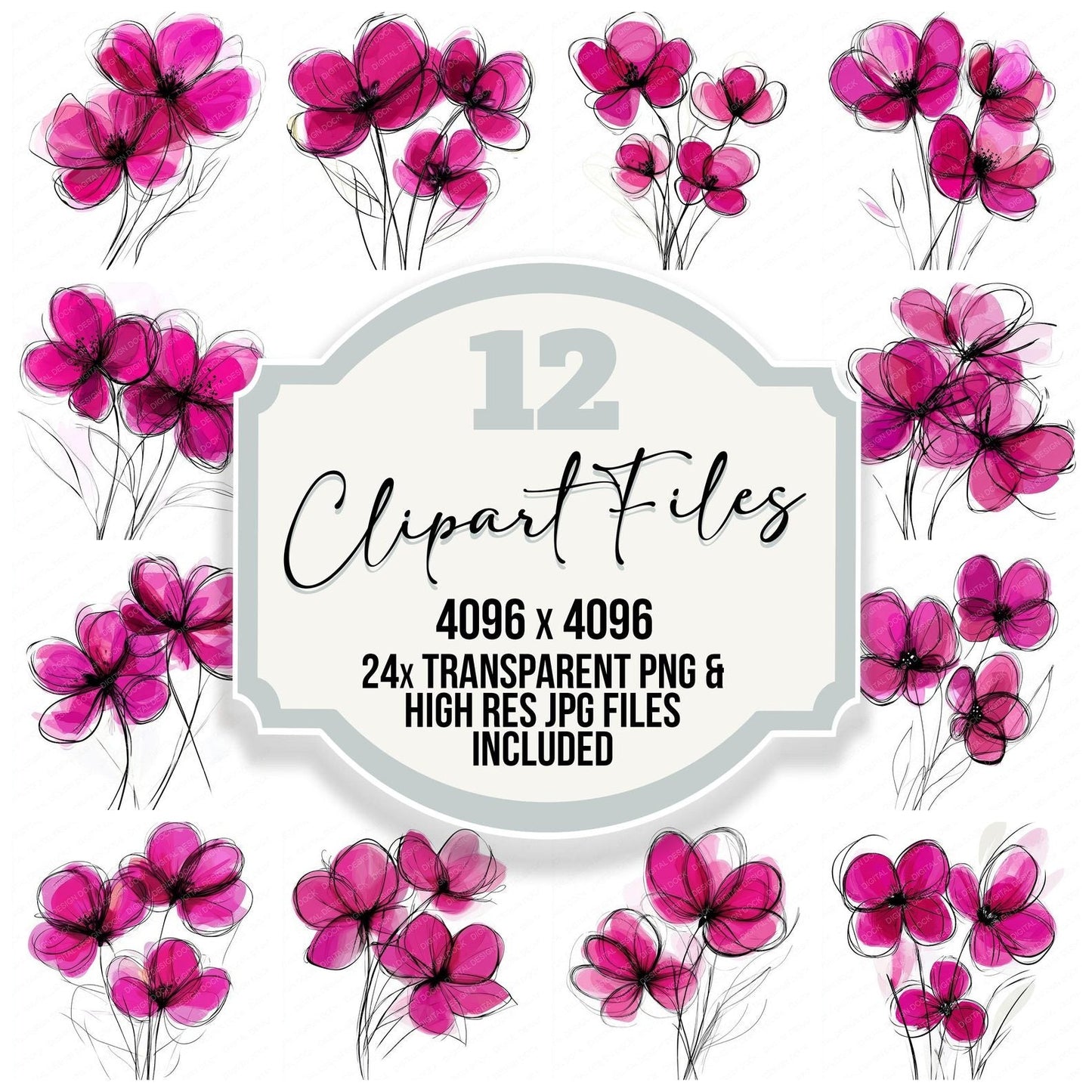 Deep Magenta Abstract Flowers Clipart Set (DDD005099)