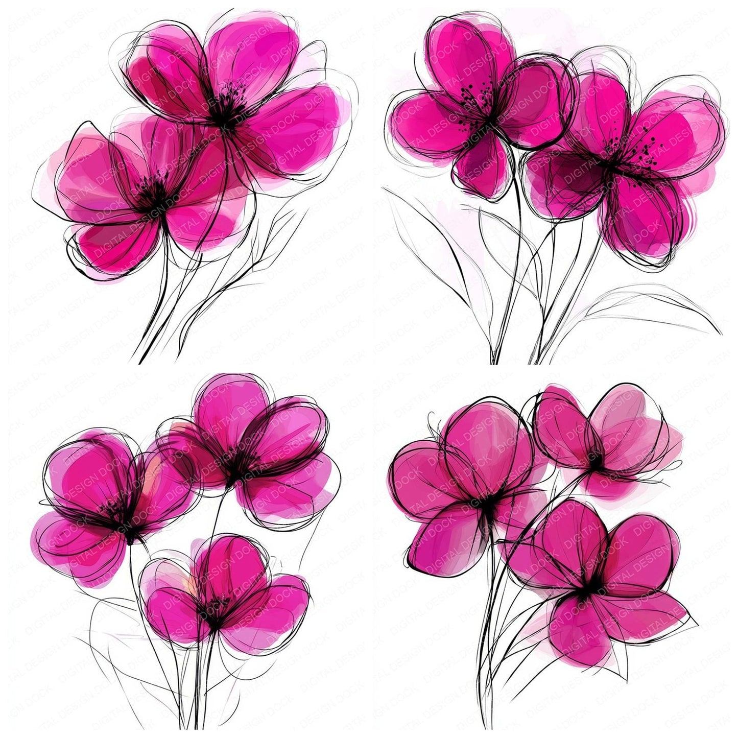 Deep Magenta Abstract Flowers Clipart Set (DDD005099)