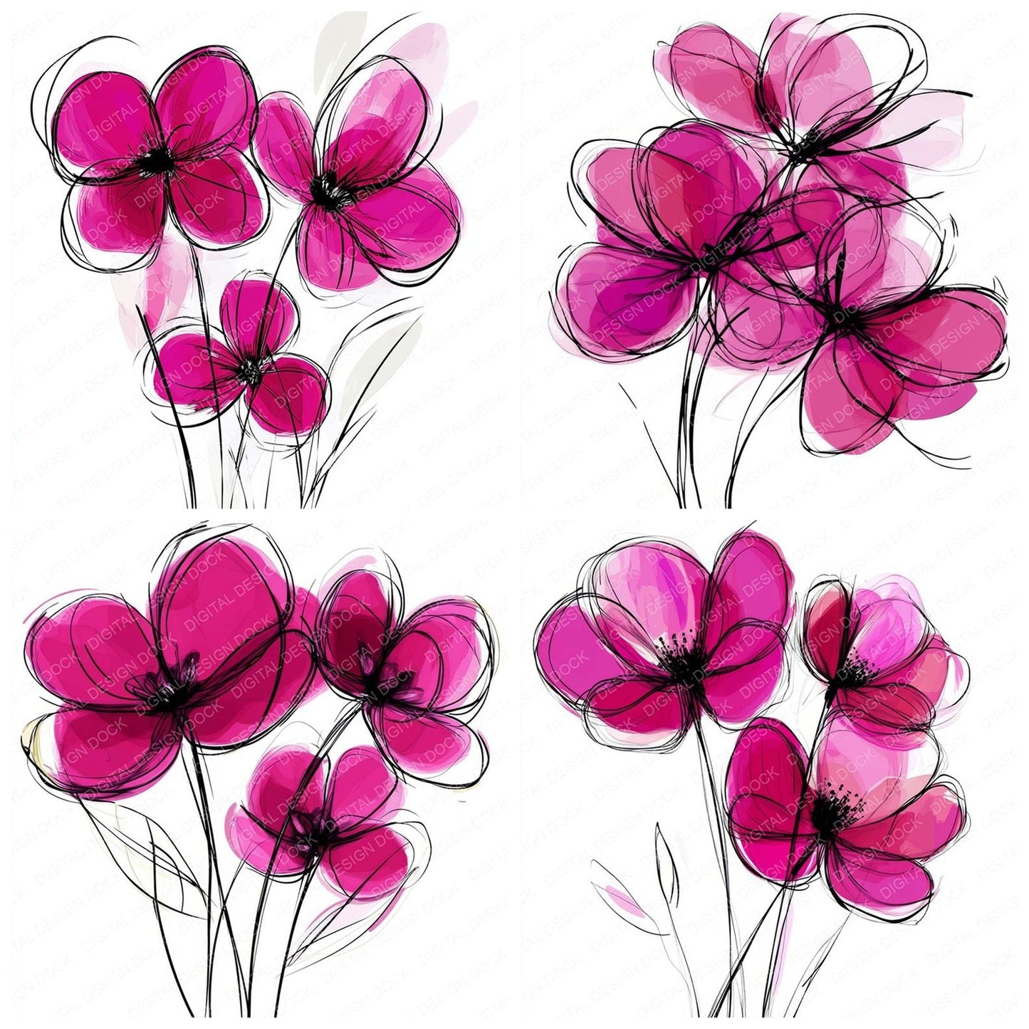 Deep Magenta Abstract Flowers Clipart Set (DDD005099)