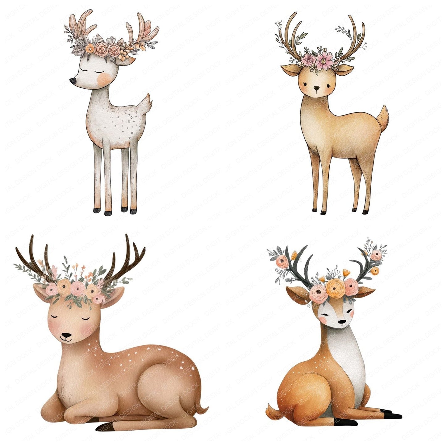 Deer Wearing Flower Crown Clipart Set (DDD005102)