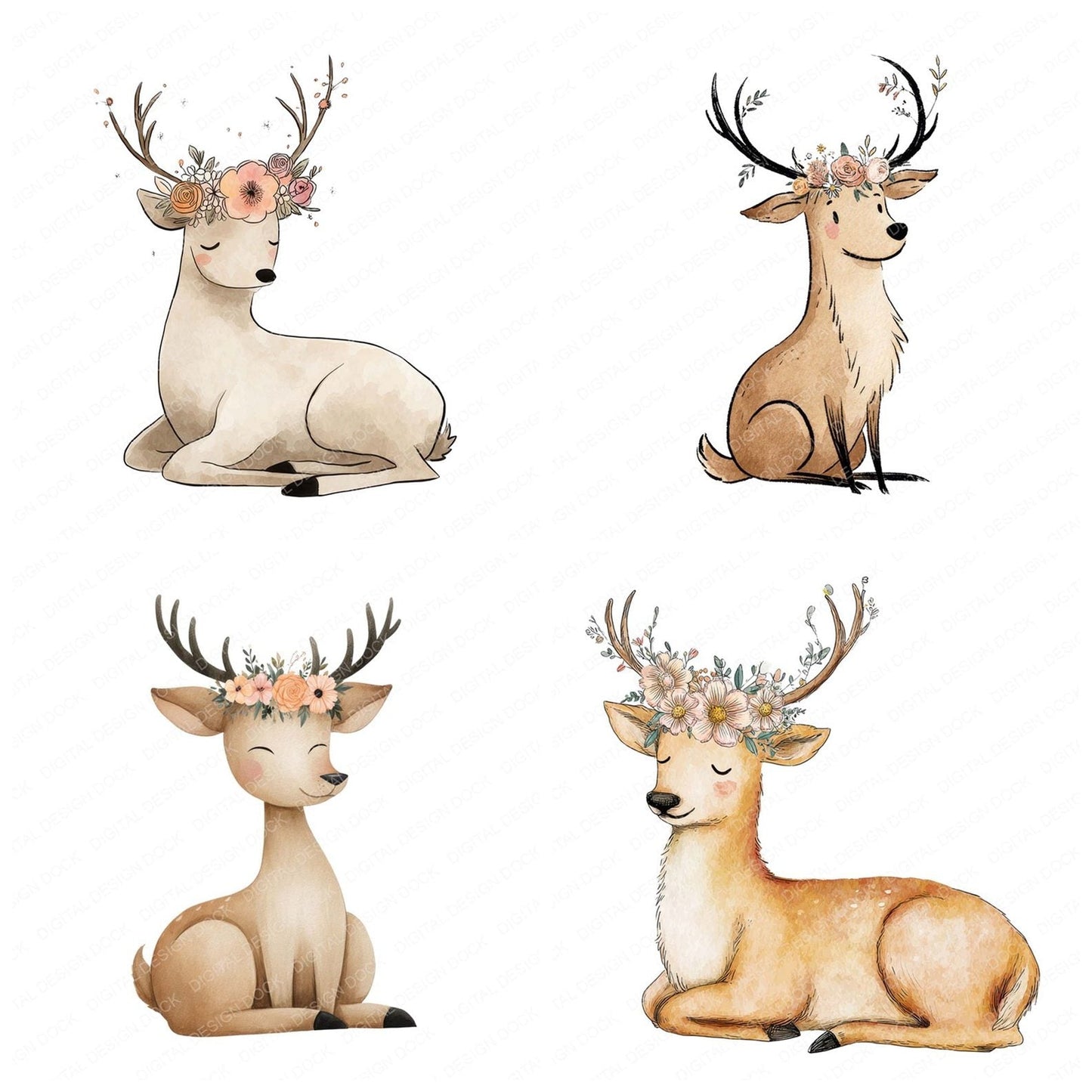 Deer Wearing Flower Crown Clipart Set (DDD005102)
